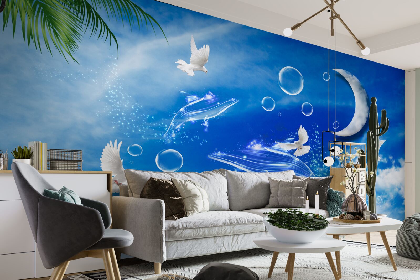 Papier peint lune dans le ciel du jour et pigeons