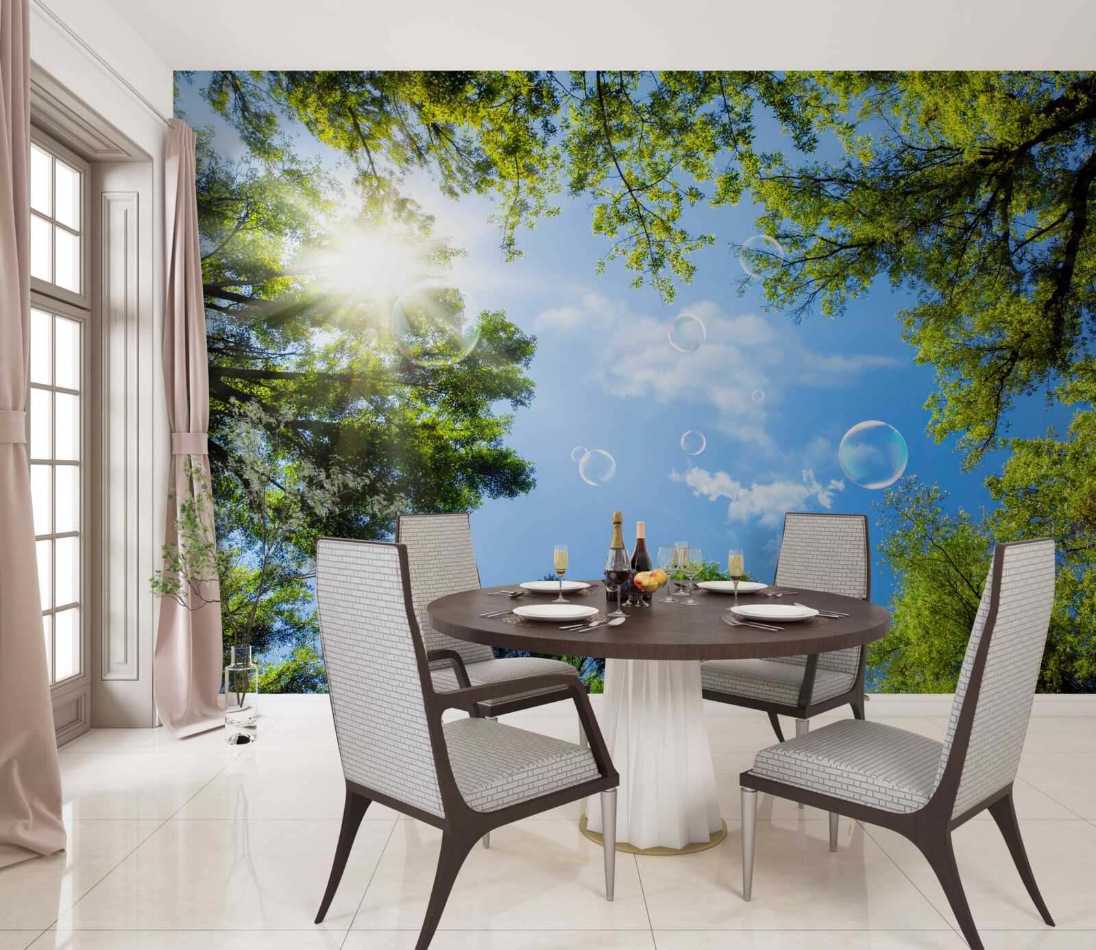 Papier peint la forêt verte est illuminée par les rayons du soleil