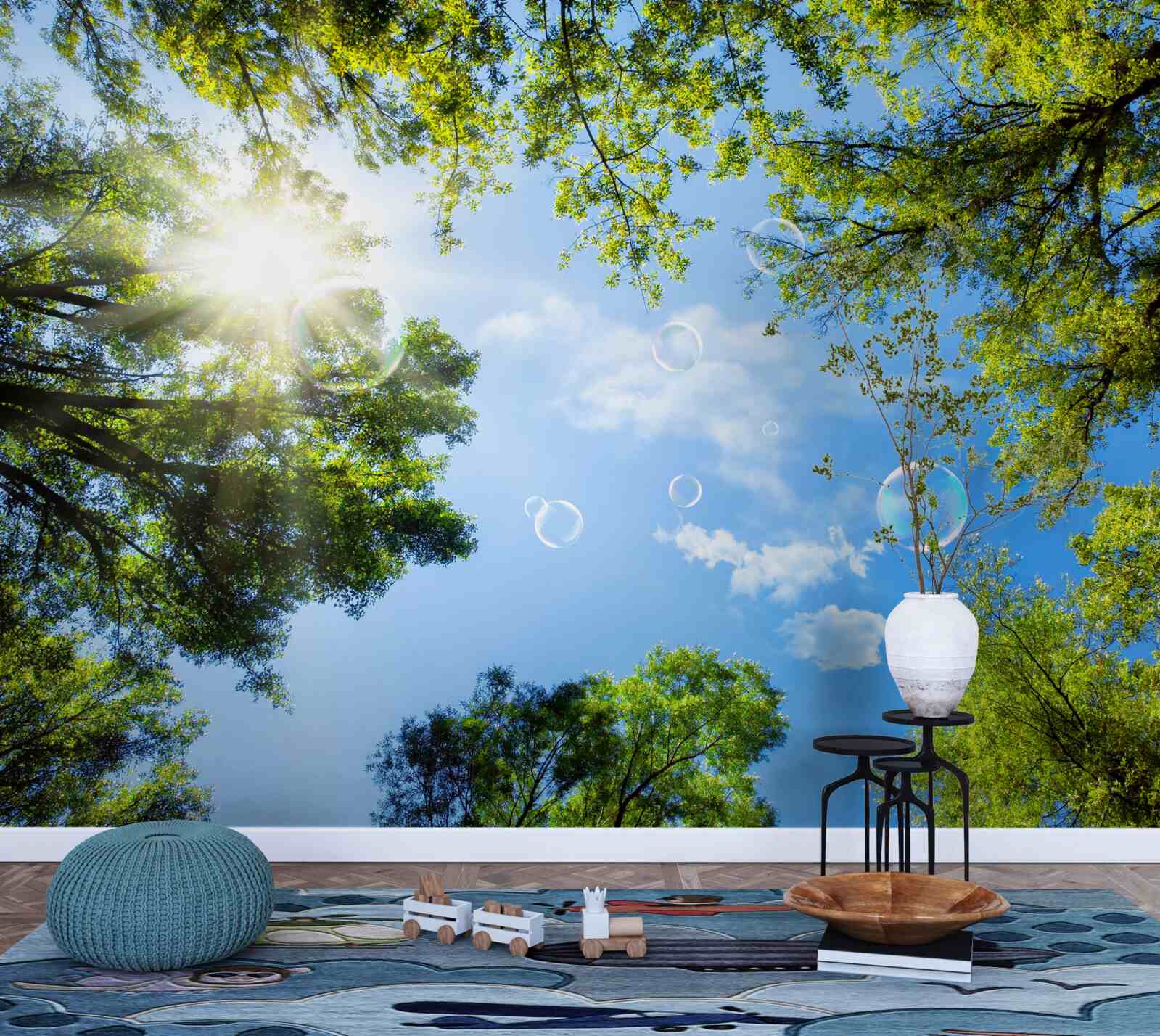 Papier peint la forêt verte est illuminée par les rayons du soleil