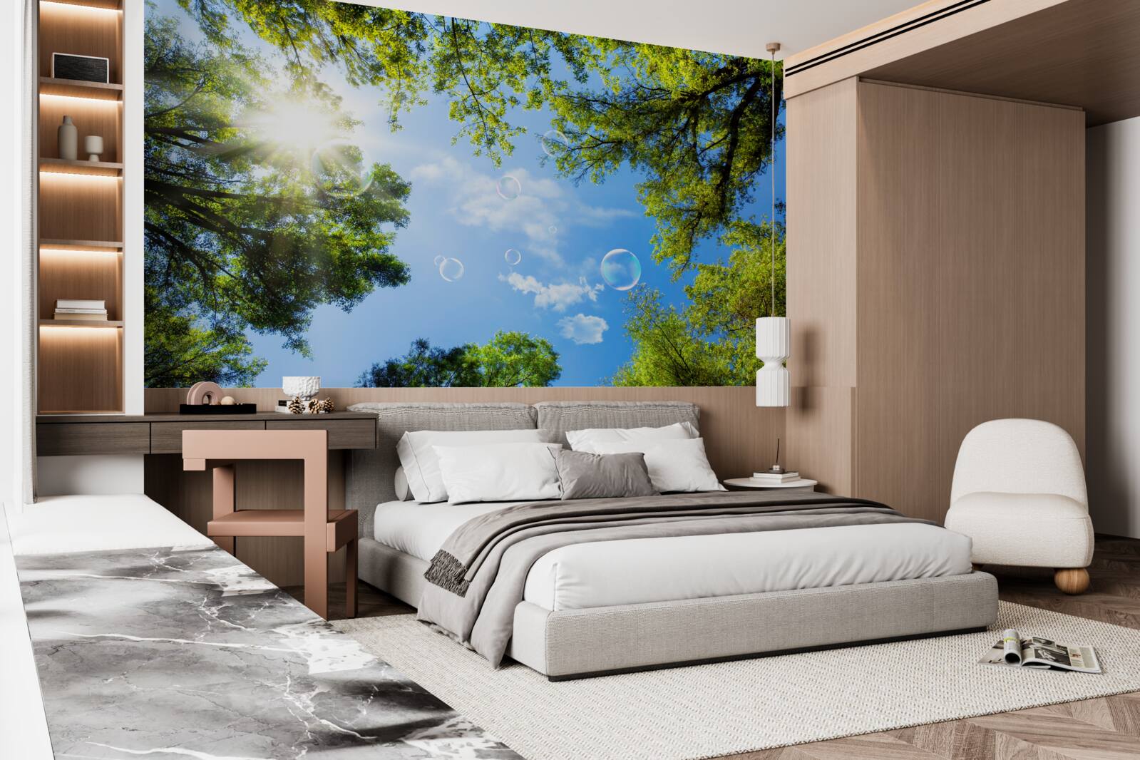 Papier peint la forêt verte est illuminée par les rayons du soleil