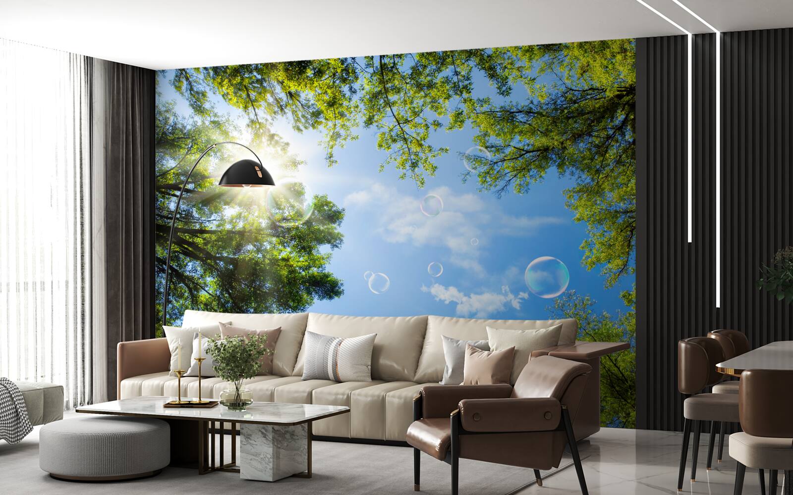 Papier peint la forêt verte est illuminée par les rayons du soleil