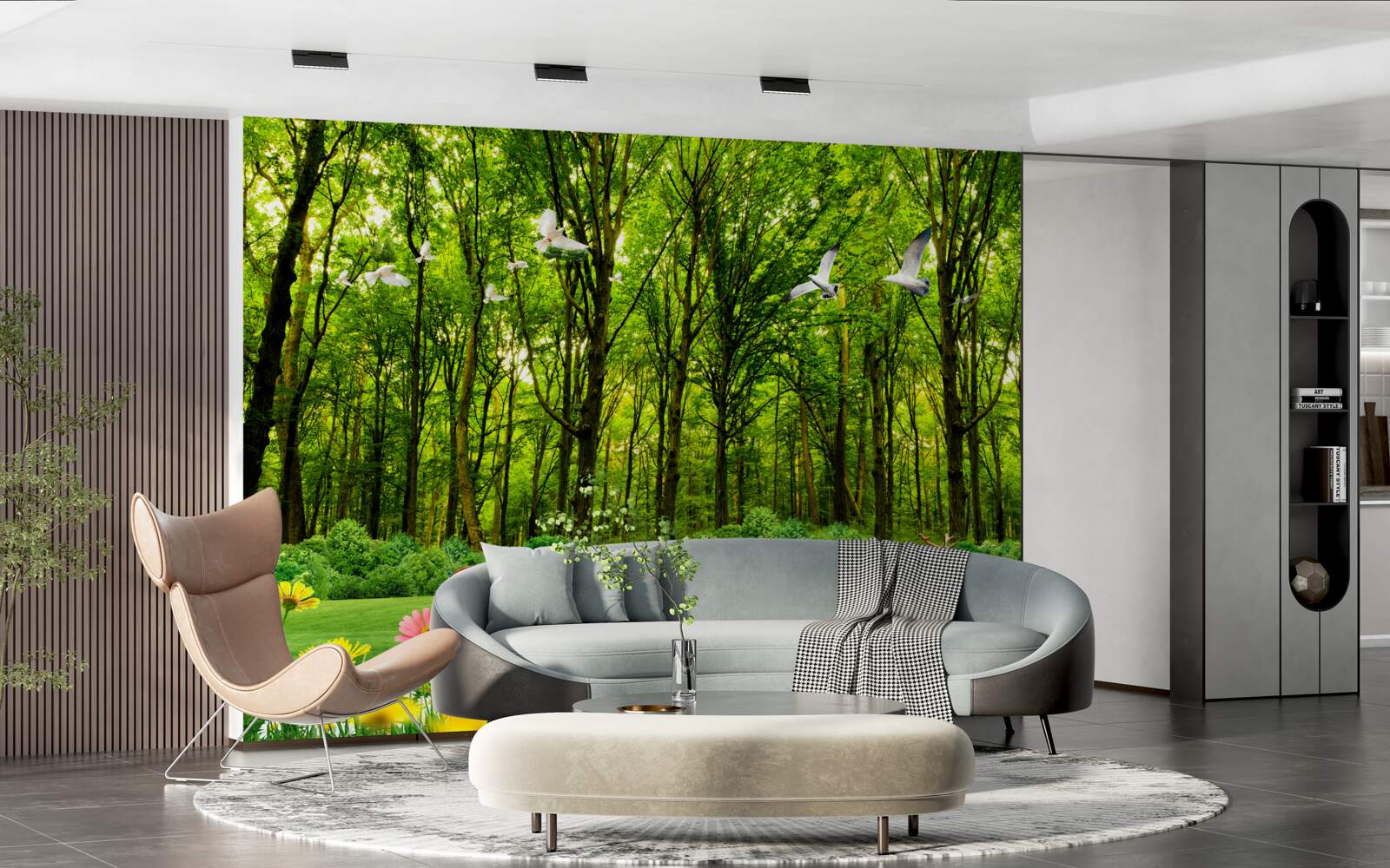 Papier peint dans la forêt verte, les cerfs sont en pâturage