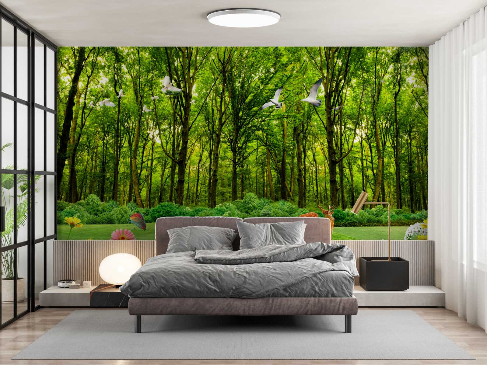 Papier peint dans la forêt verte, les cerfs sont en pâturage