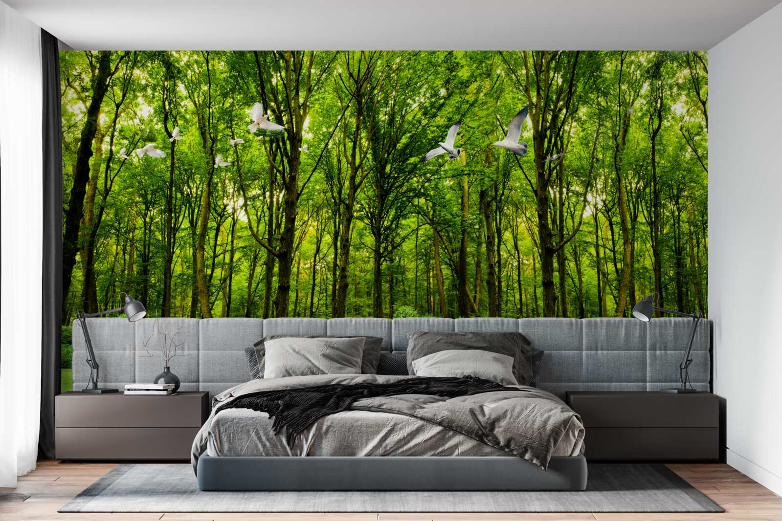 Papier peint dans la forêt verte, les cerfs sont en pâturage