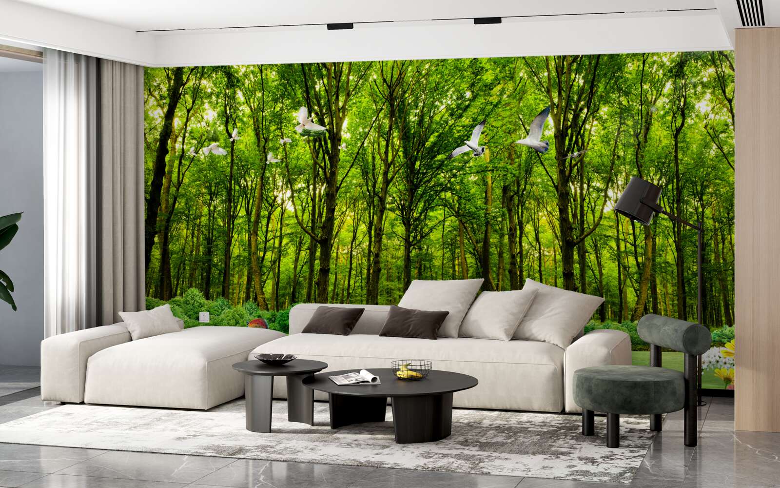 Papier peint dans la forêt verte, les cerfs sont en pâturage