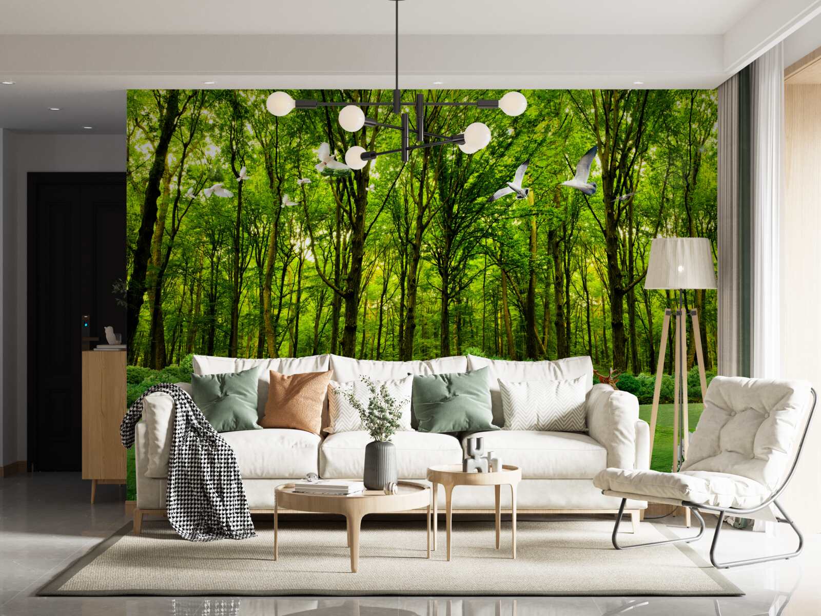 Papier peint dans la forêt verte, les cerfs sont en pâturage