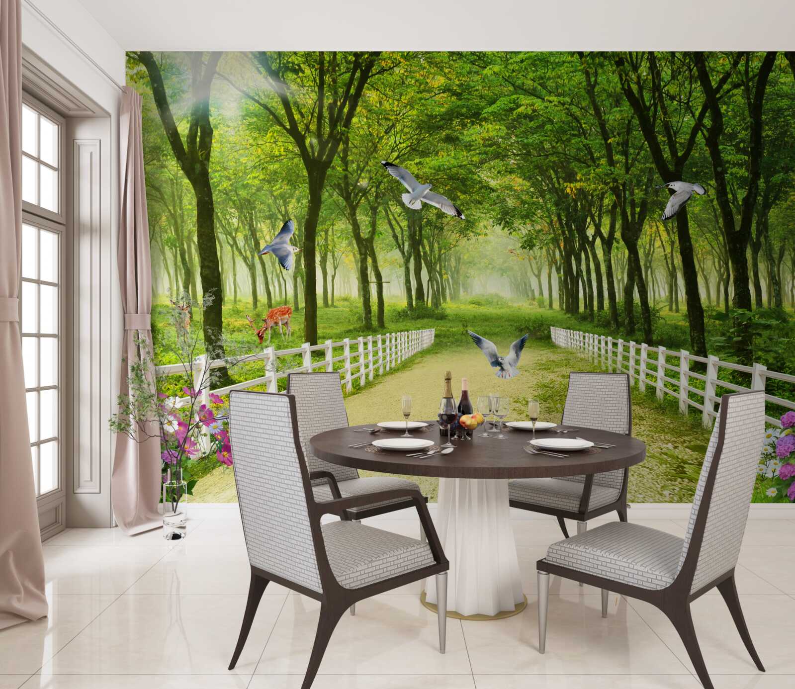 Papier peint dans la forêt, les pigeons accueillent les chauds rayons du soleil