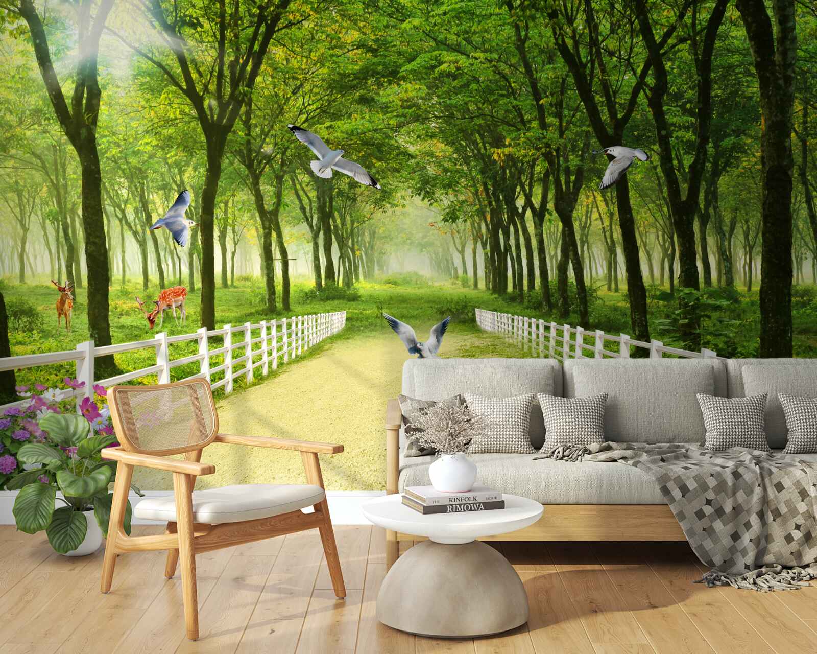 Papier peint dans la forêt, les pigeons accueillent les chauds rayons du soleil