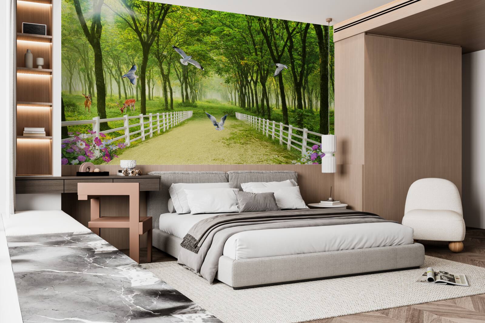 Papier peint dans la forêt, les pigeons accueillent les chauds rayons du soleil