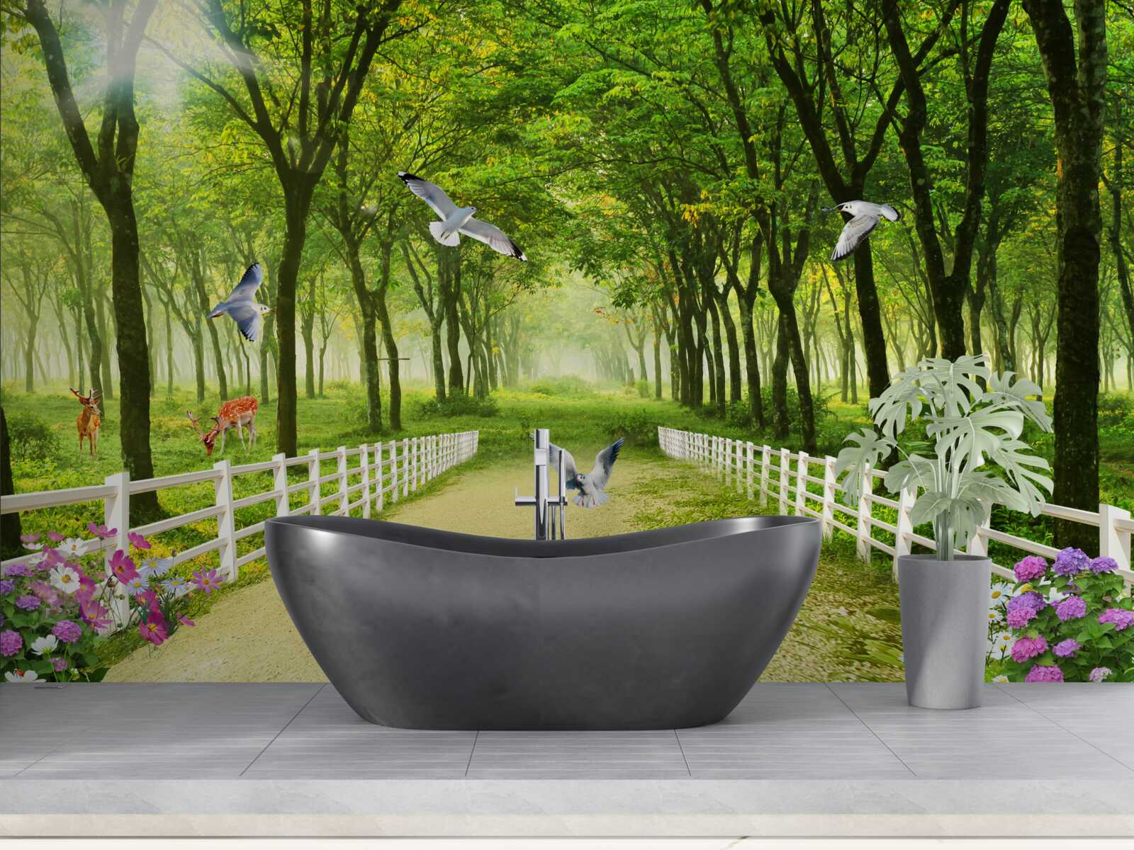 Papier peint dans la forêt, les pigeons accueillent les chauds rayons du soleil