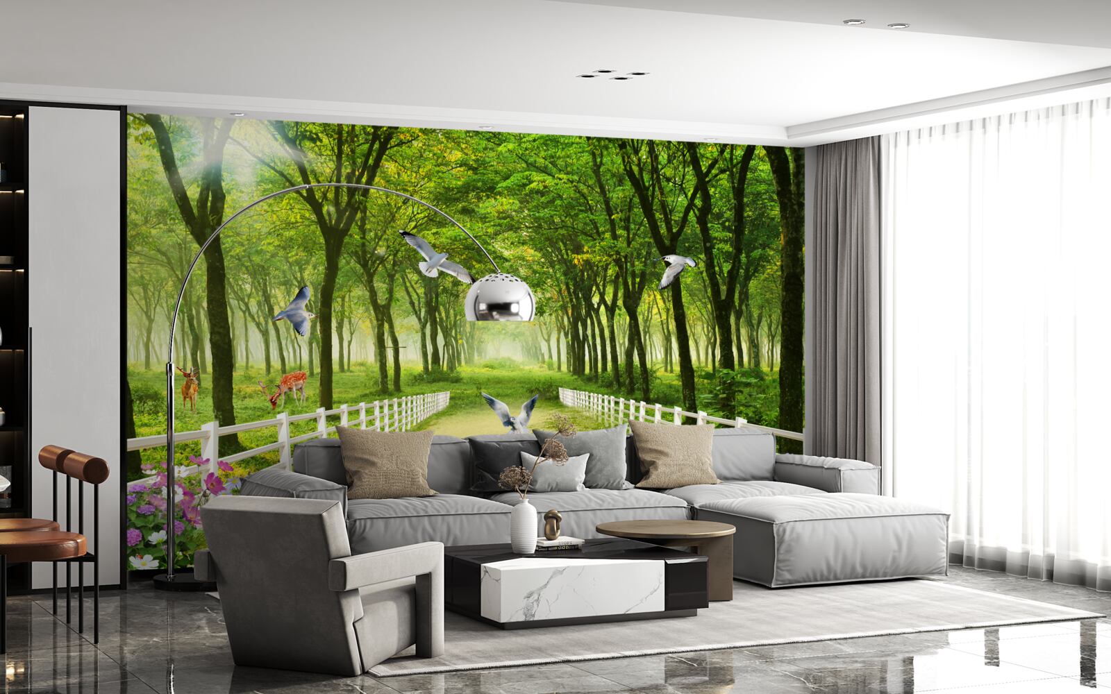 Papier peint dans la forêt, les pigeons accueillent les chauds rayons du soleil