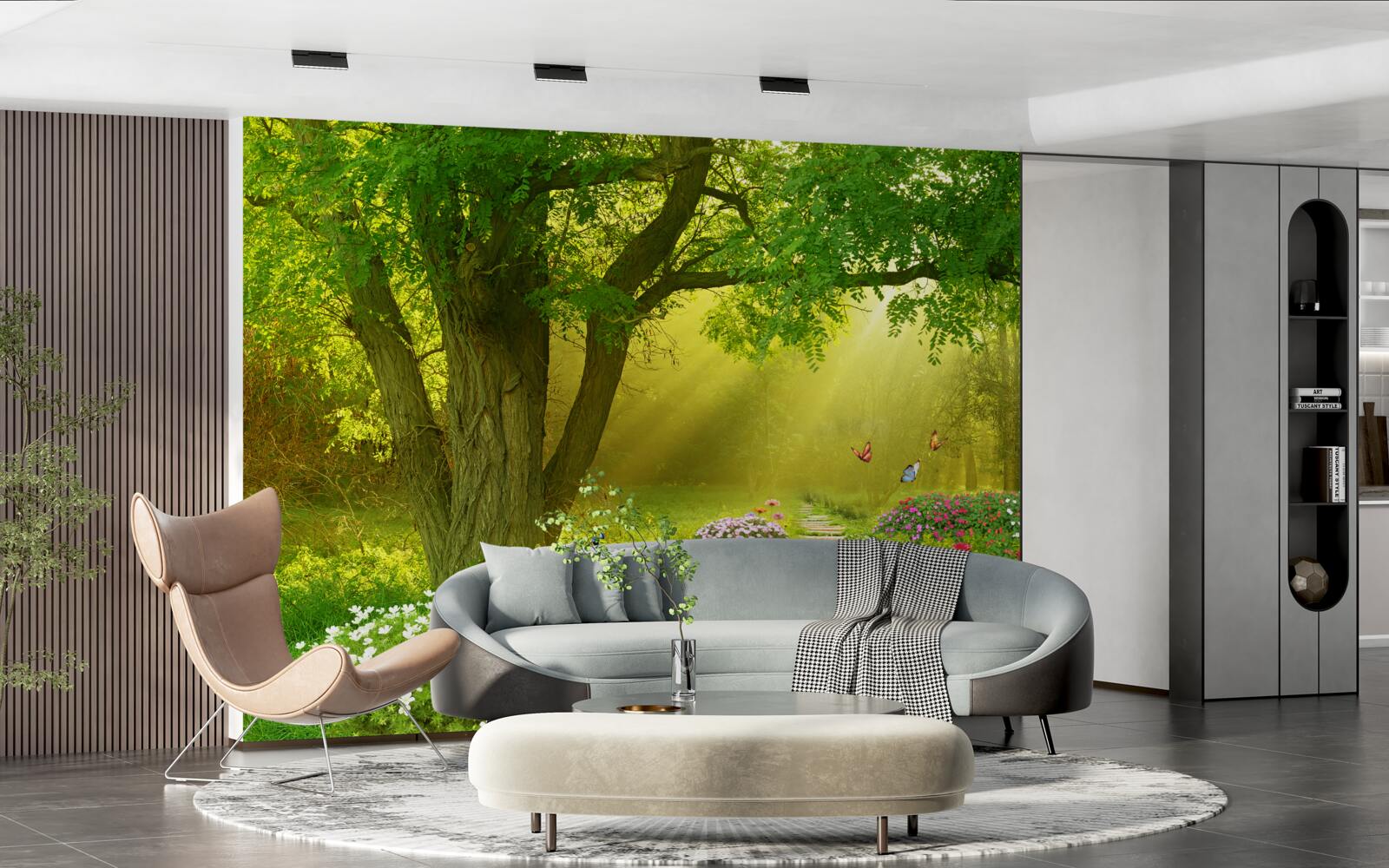 Papier peint les rayons du soleil réchauffent une forêt enveloppée de brume nocturne