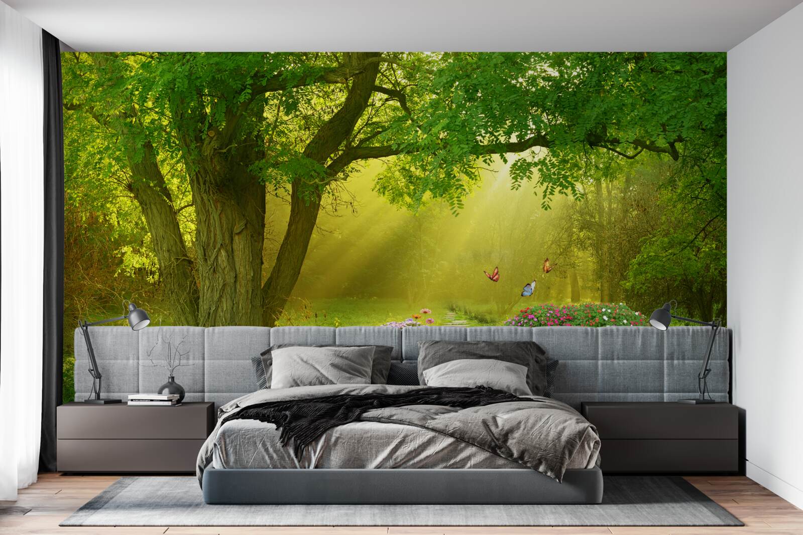 Papier peint les rayons du soleil réchauffent une forêt enveloppée de brume nocturne