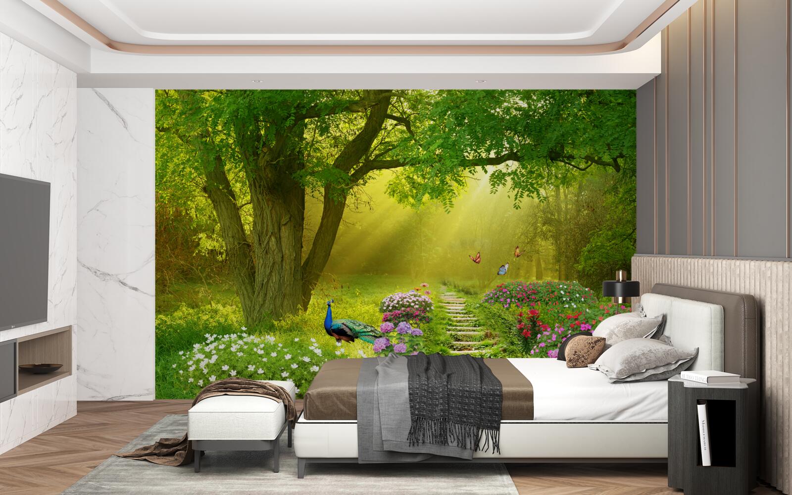 Papier peint les rayons du soleil réchauffent une forêt enveloppée de brume nocturne