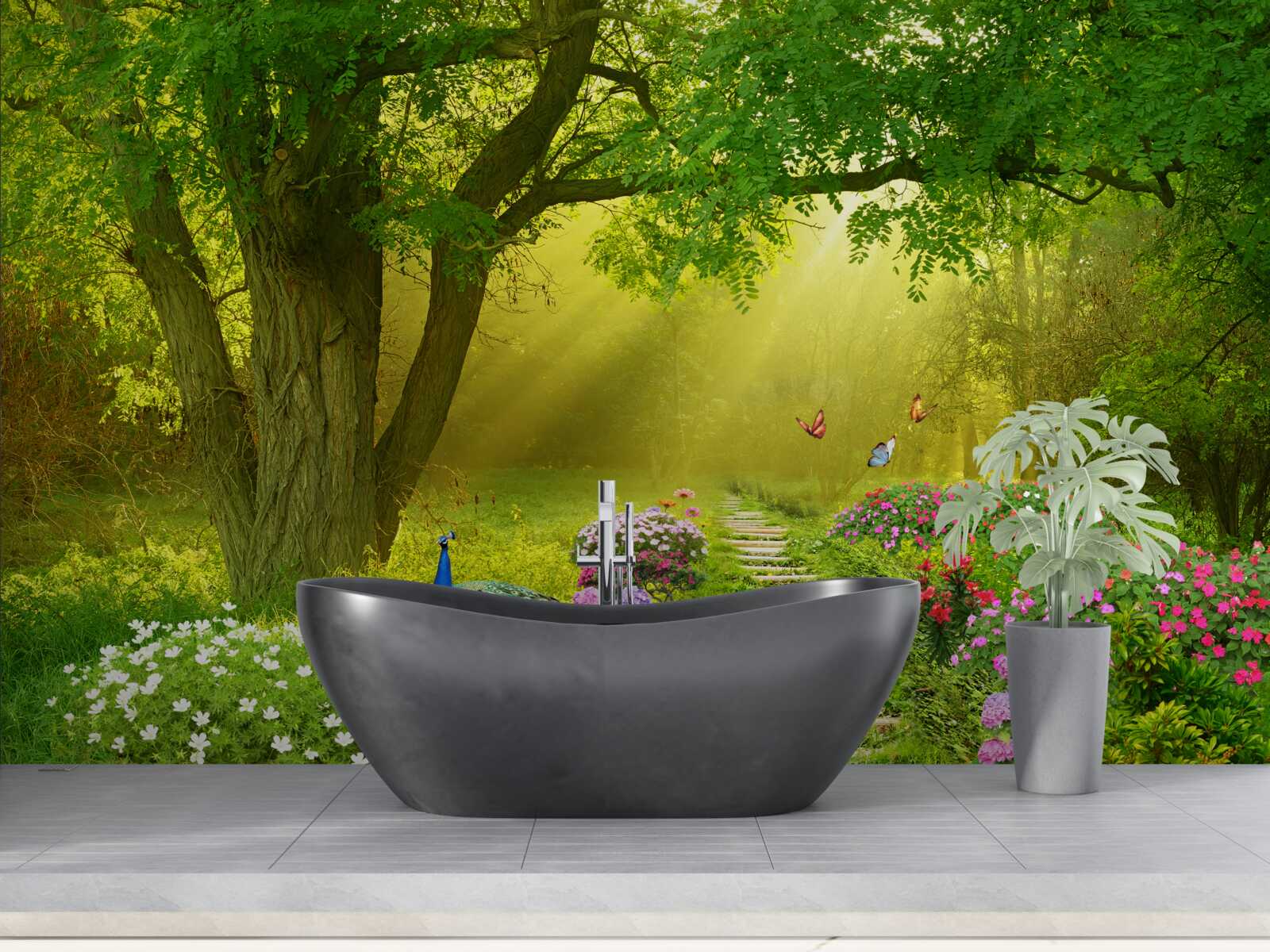 Papier peint les rayons du soleil réchauffent une forêt enveloppée de brume nocturne