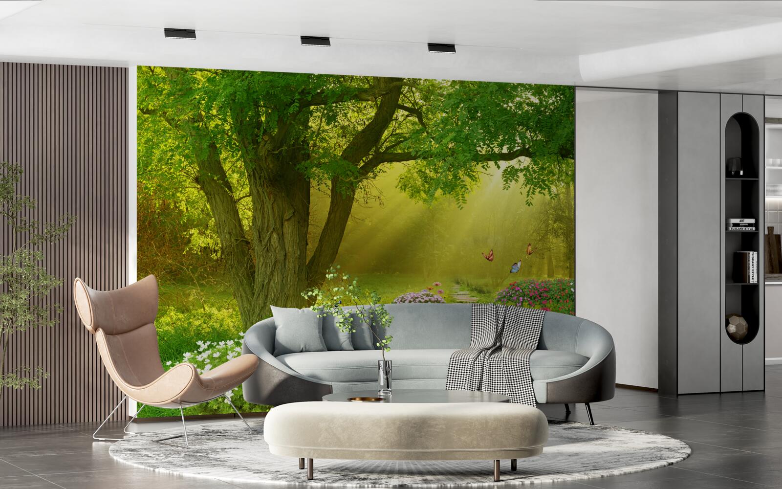 Papier peint les rayons du soleil réchauffent une forêt enveloppée de brume nocturne