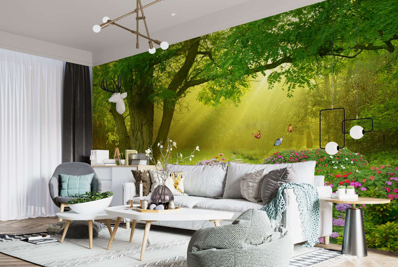 Papier peint les rayons du soleil réchauffent une forêt enveloppée de brume nocturne