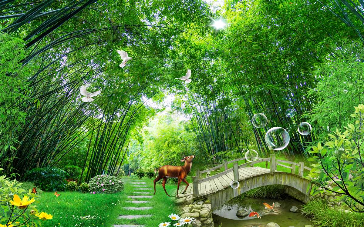 Papier peint dans un bosquet vert, un cerf traverse un passage en bois