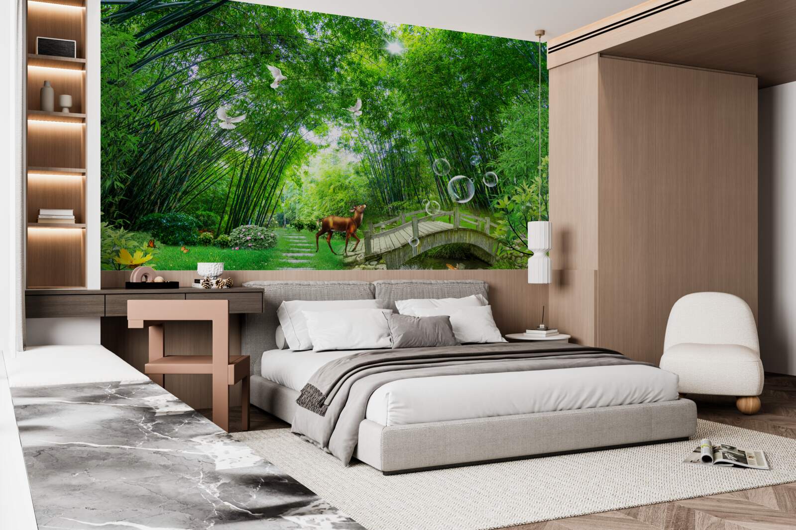 Papier peint dans un bosquet vert, un cerf traverse un passage en bois