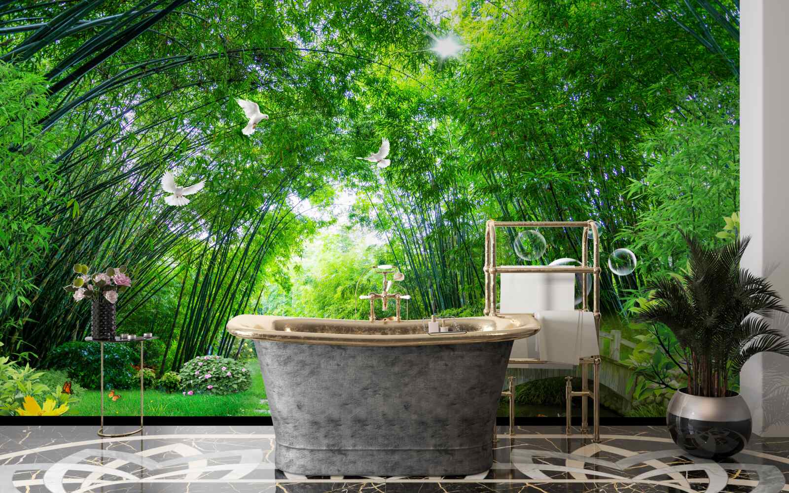 Papier peint dans un bosquet vert, un cerf traverse un passage en bois