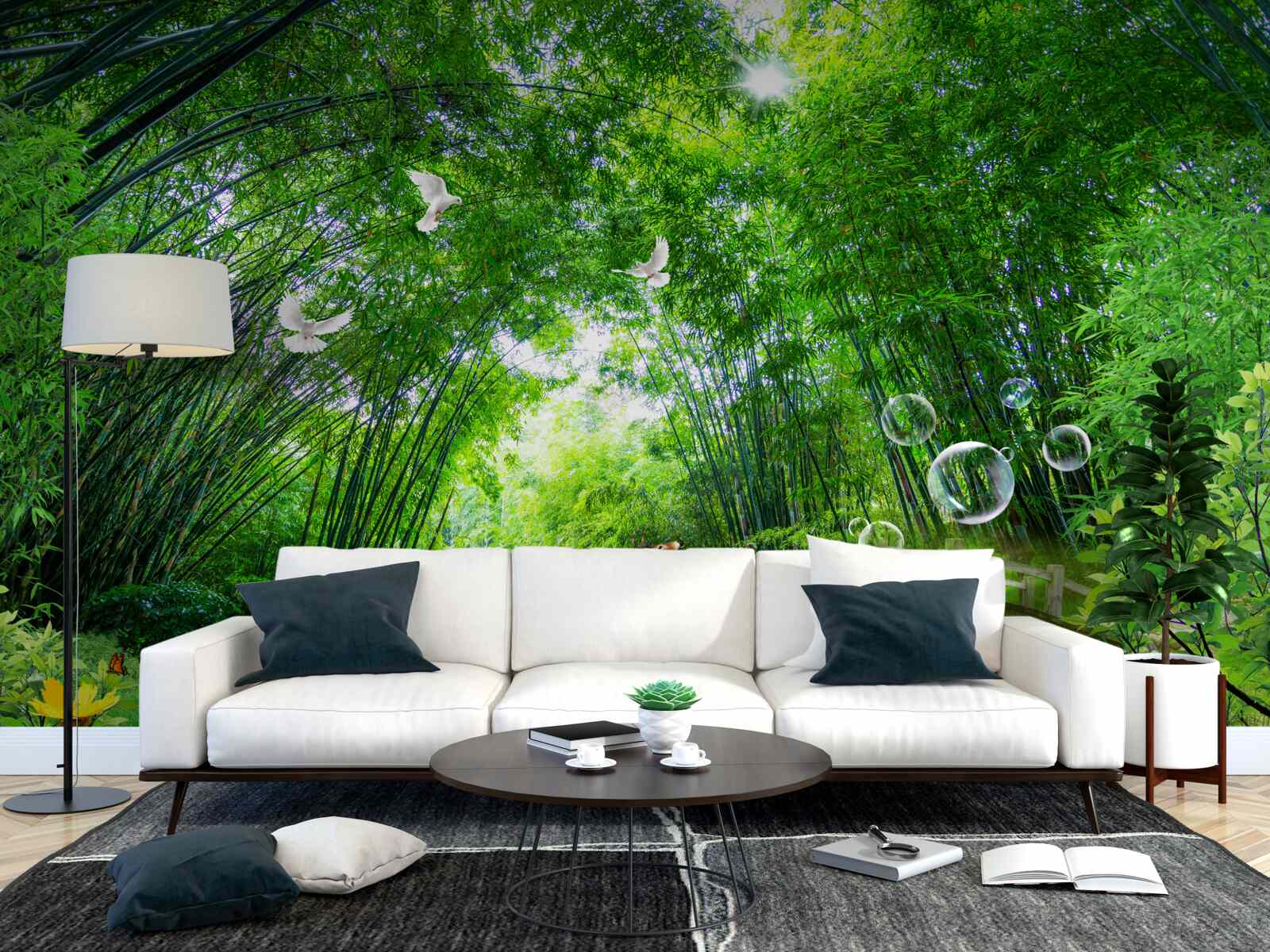 Papier peint dans un bosquet vert, un cerf traverse un passage en bois