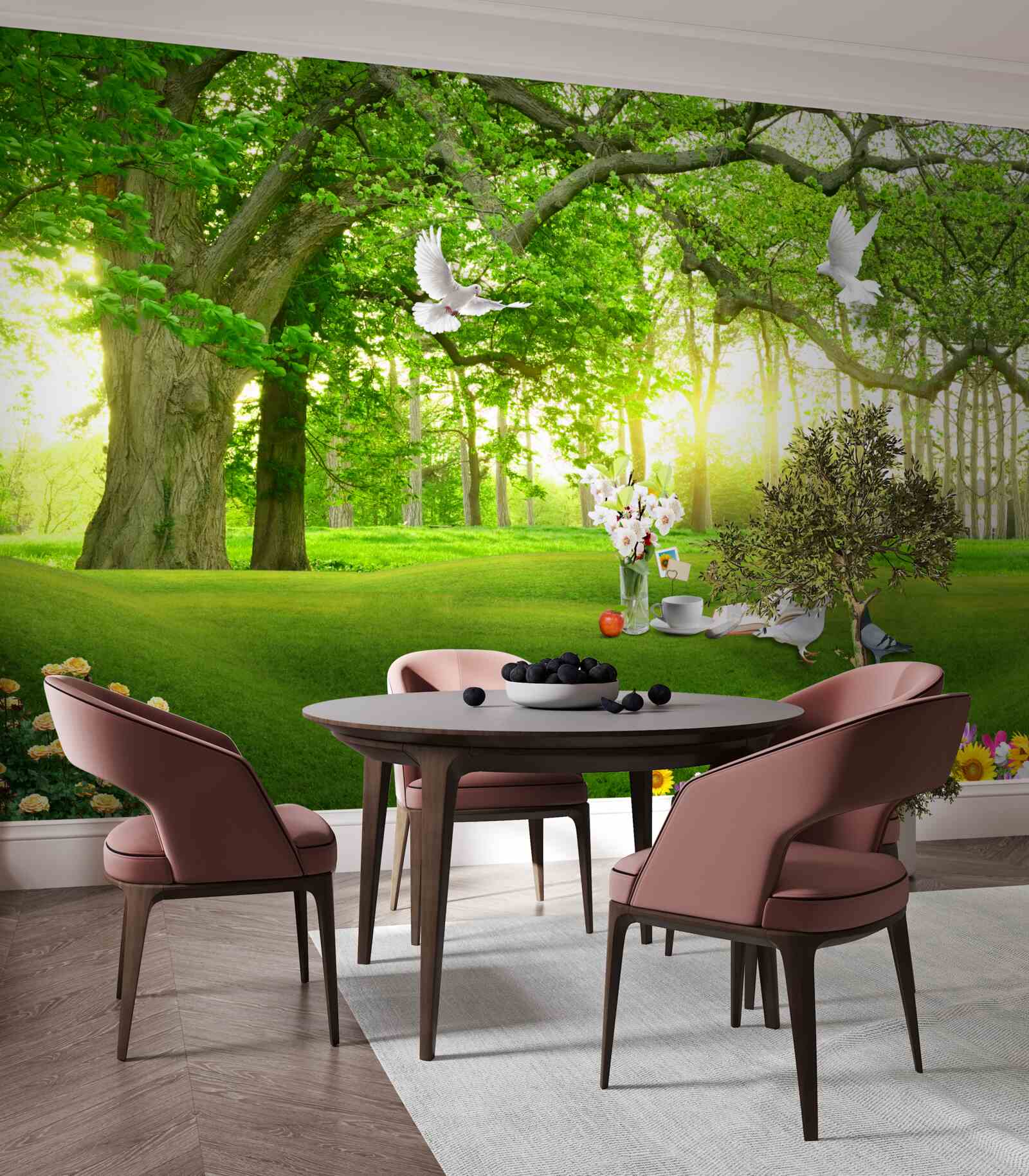 Papier peint pelouse verte et paisible à l'aube