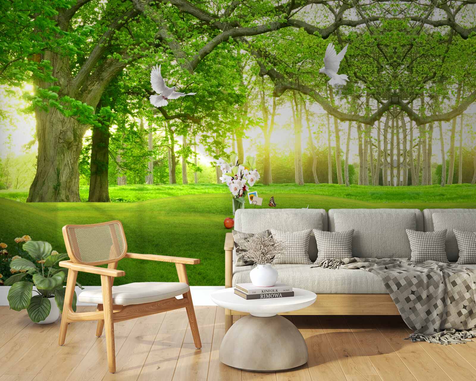 Papier peint pelouse verte et paisible à l'aube