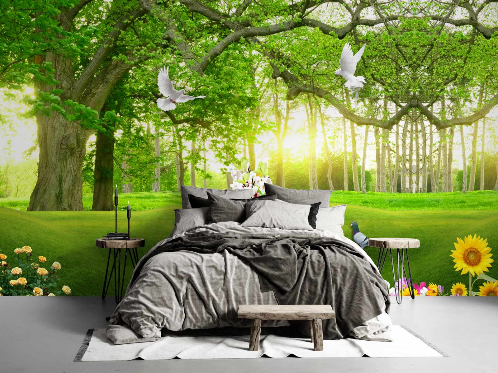 Papier peint pelouse verte et paisible à l'aube