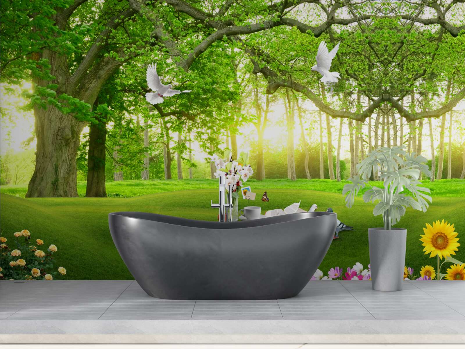 Papier peint pelouse verte et paisible à l'aube