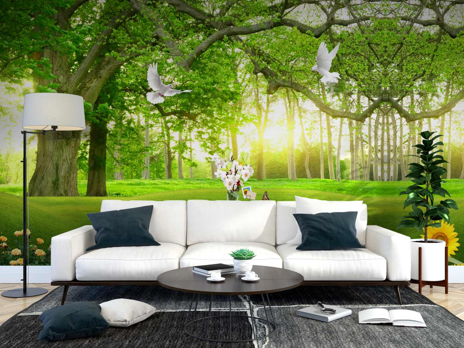 Papier peint pelouse verte et paisible à l'aube