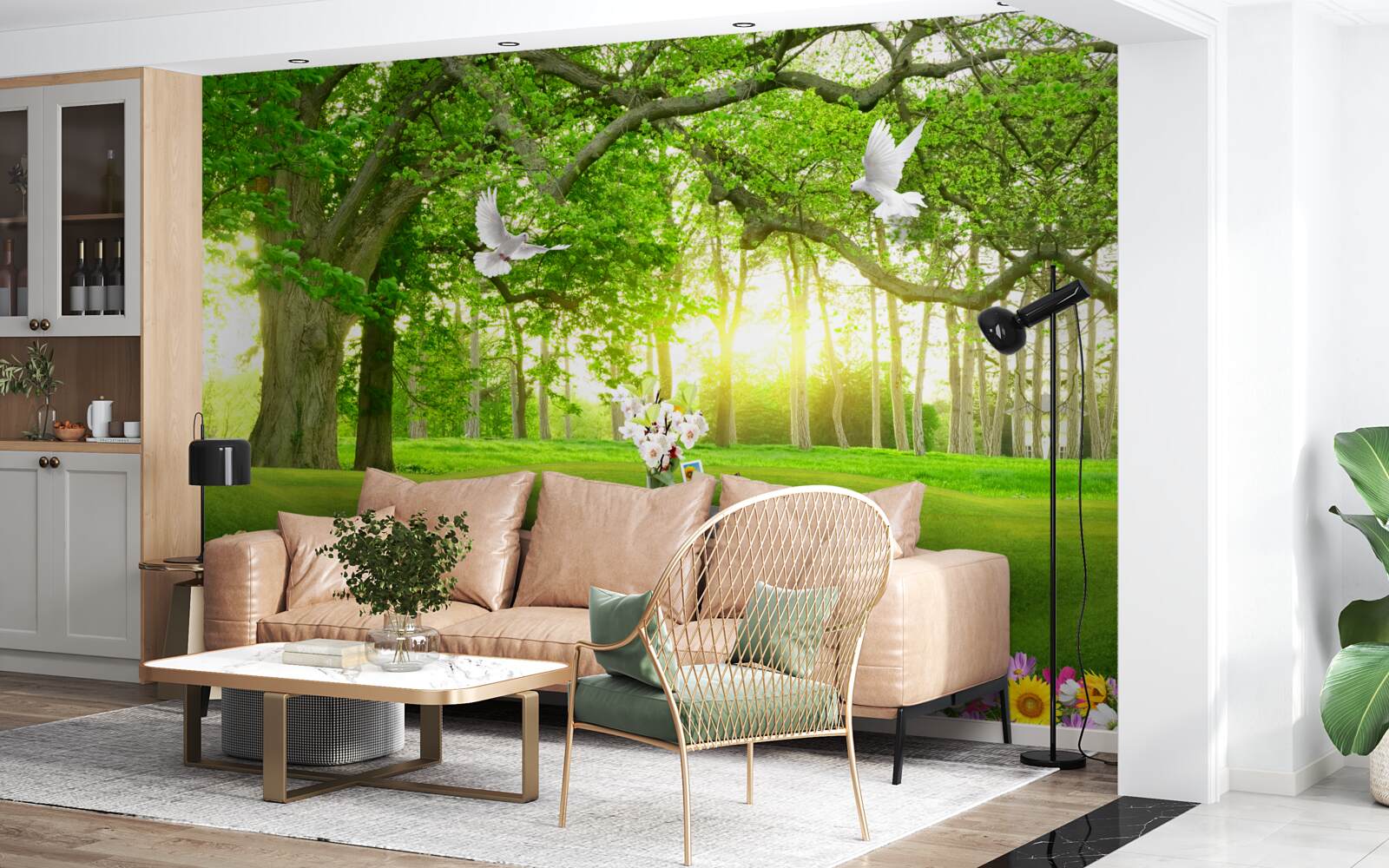 Papier peint pelouse verte et paisible à l'aube