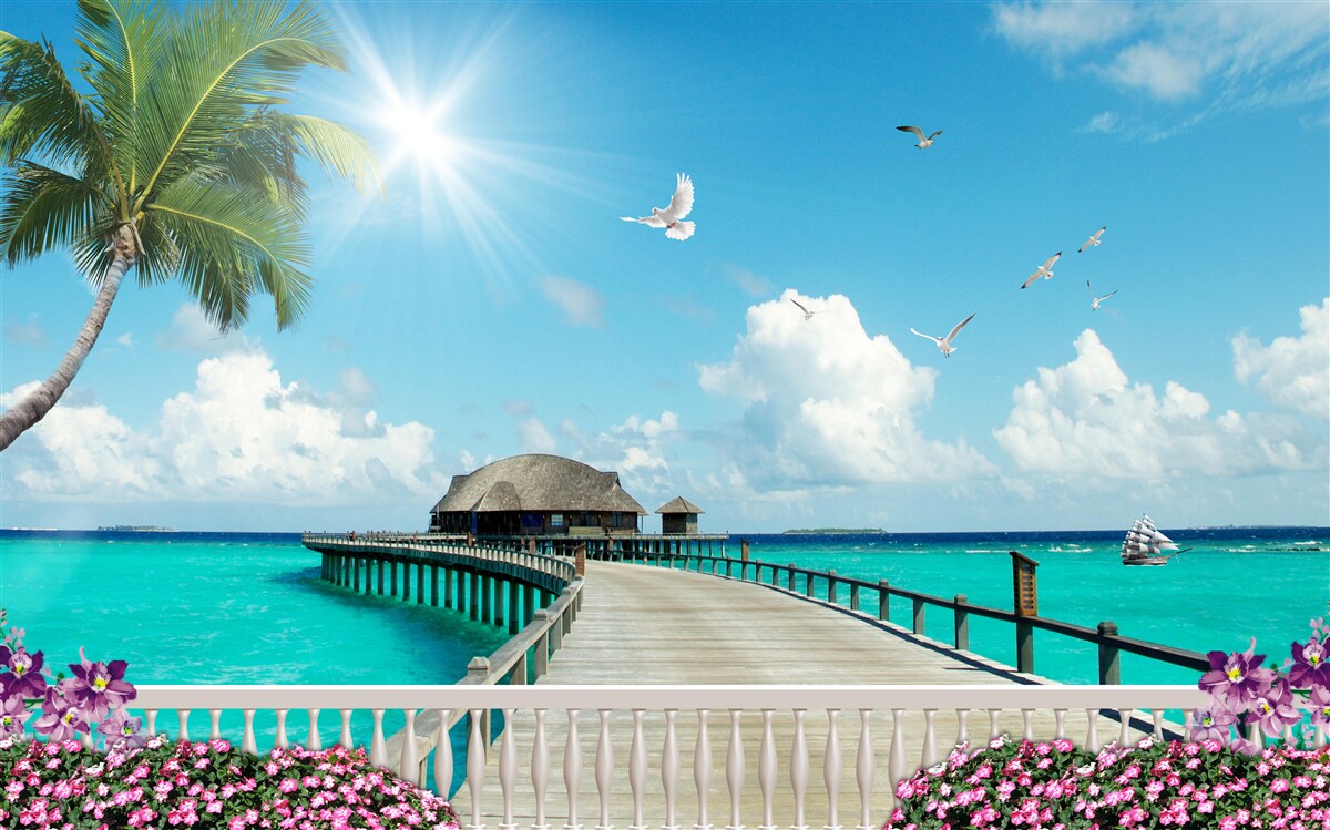 Papier peint jetée menant à la baie