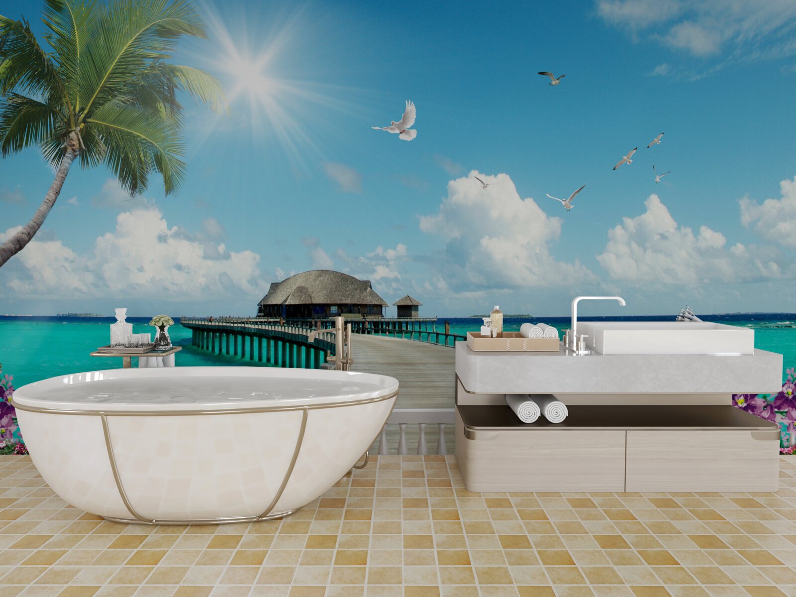 Papier peint jetée menant à la baie