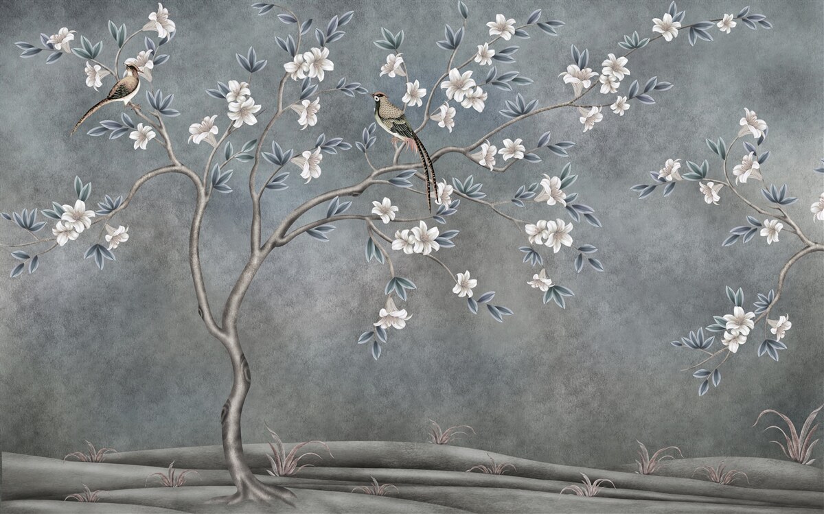Papier peint les arbres à fleurs blanches sont décorés d'oiseaux