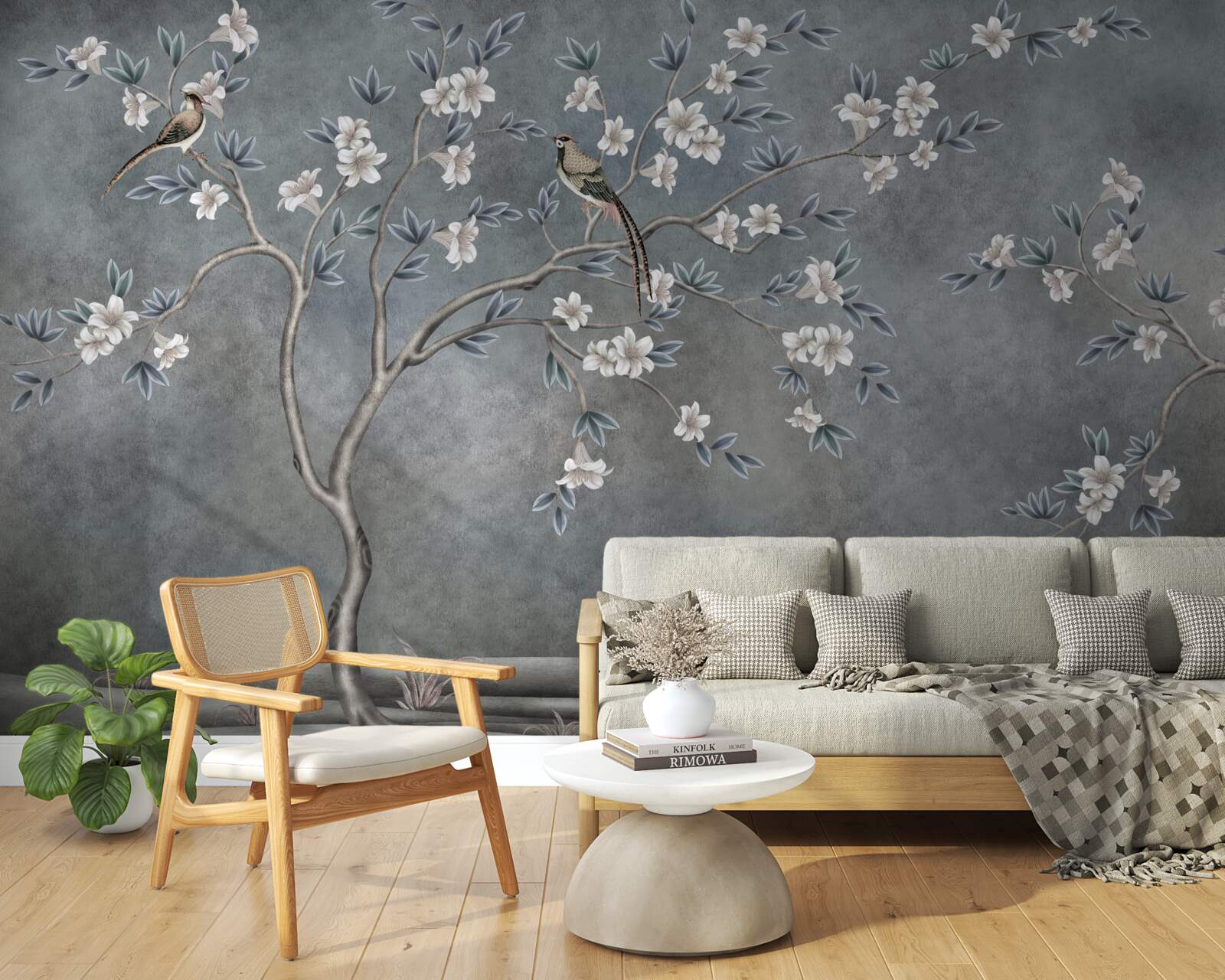 Papier peint les arbres à fleurs blanches sont décorés d'oiseaux