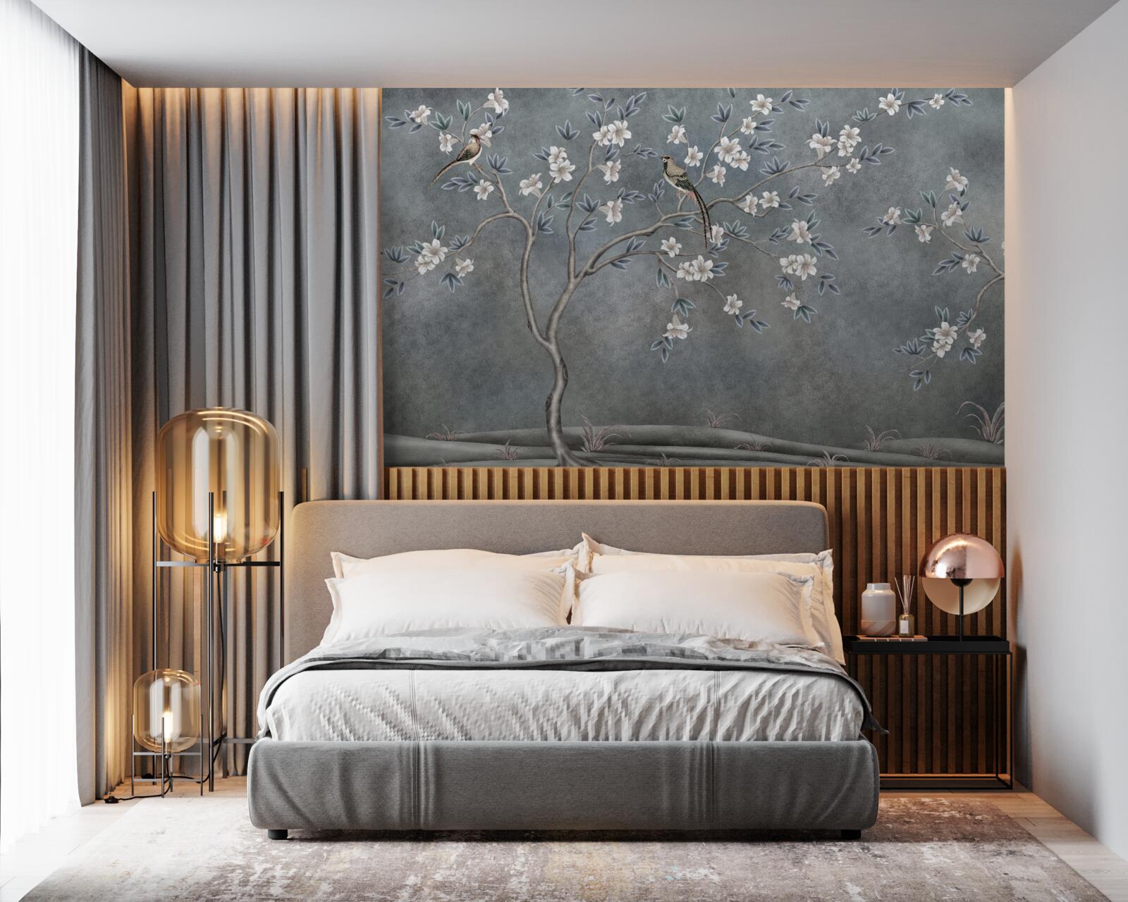 Papier peint les arbres à fleurs blanches sont décorés d'oiseaux