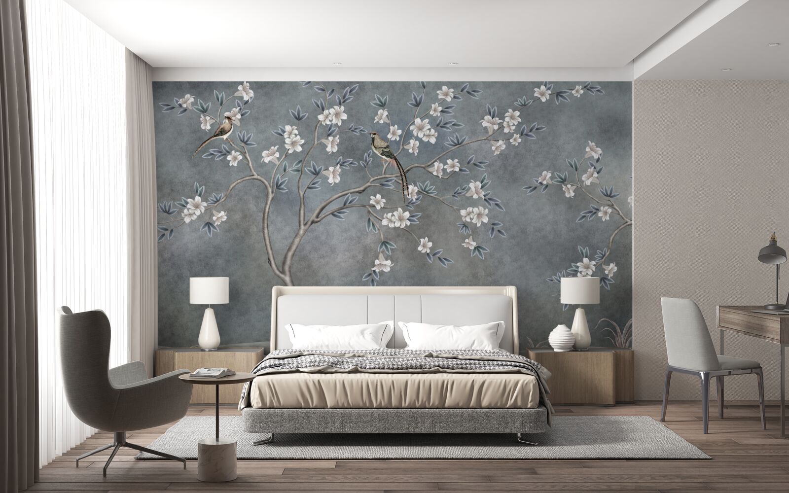 Papier peint les arbres à fleurs blanches sont décorés d'oiseaux