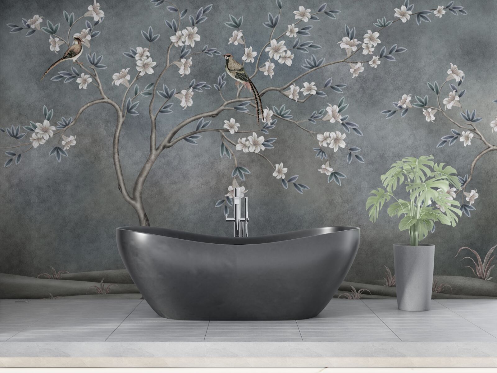 Papier peint les arbres à fleurs blanches sont décorés d'oiseaux