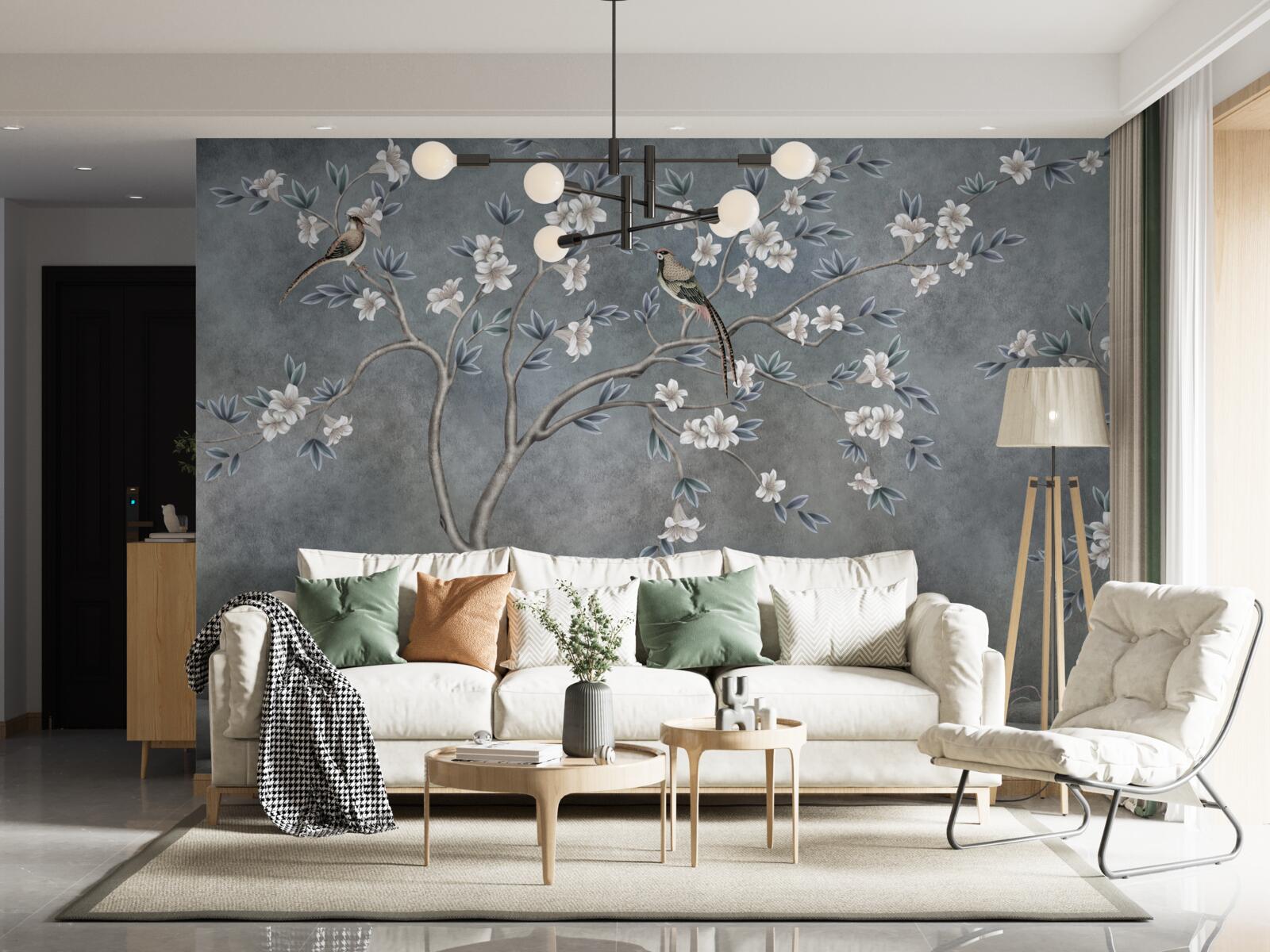 Papier peint les arbres à fleurs blanches sont décorés d'oiseaux