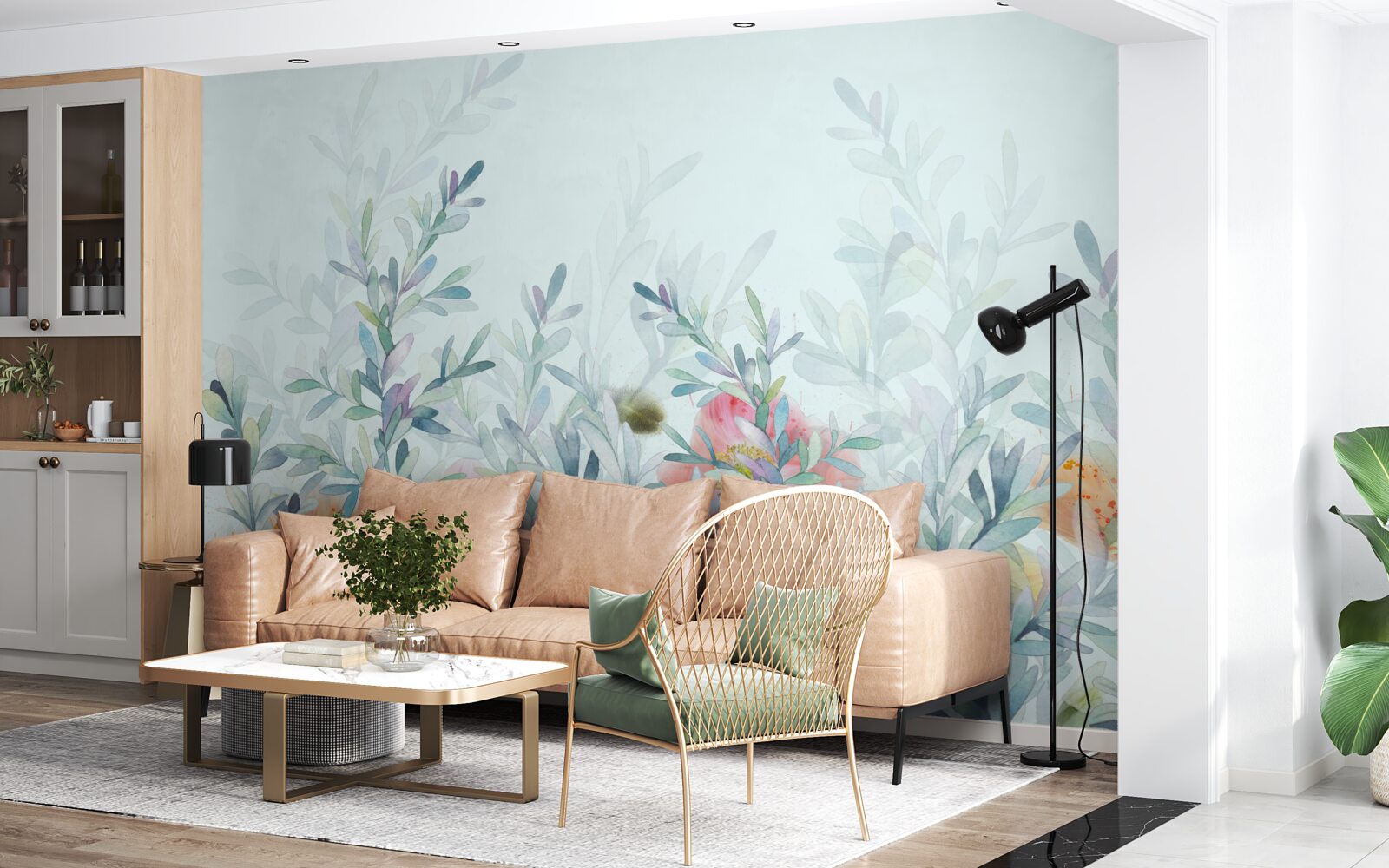 Papier peint des fleurs à la teinte délicate et céleste