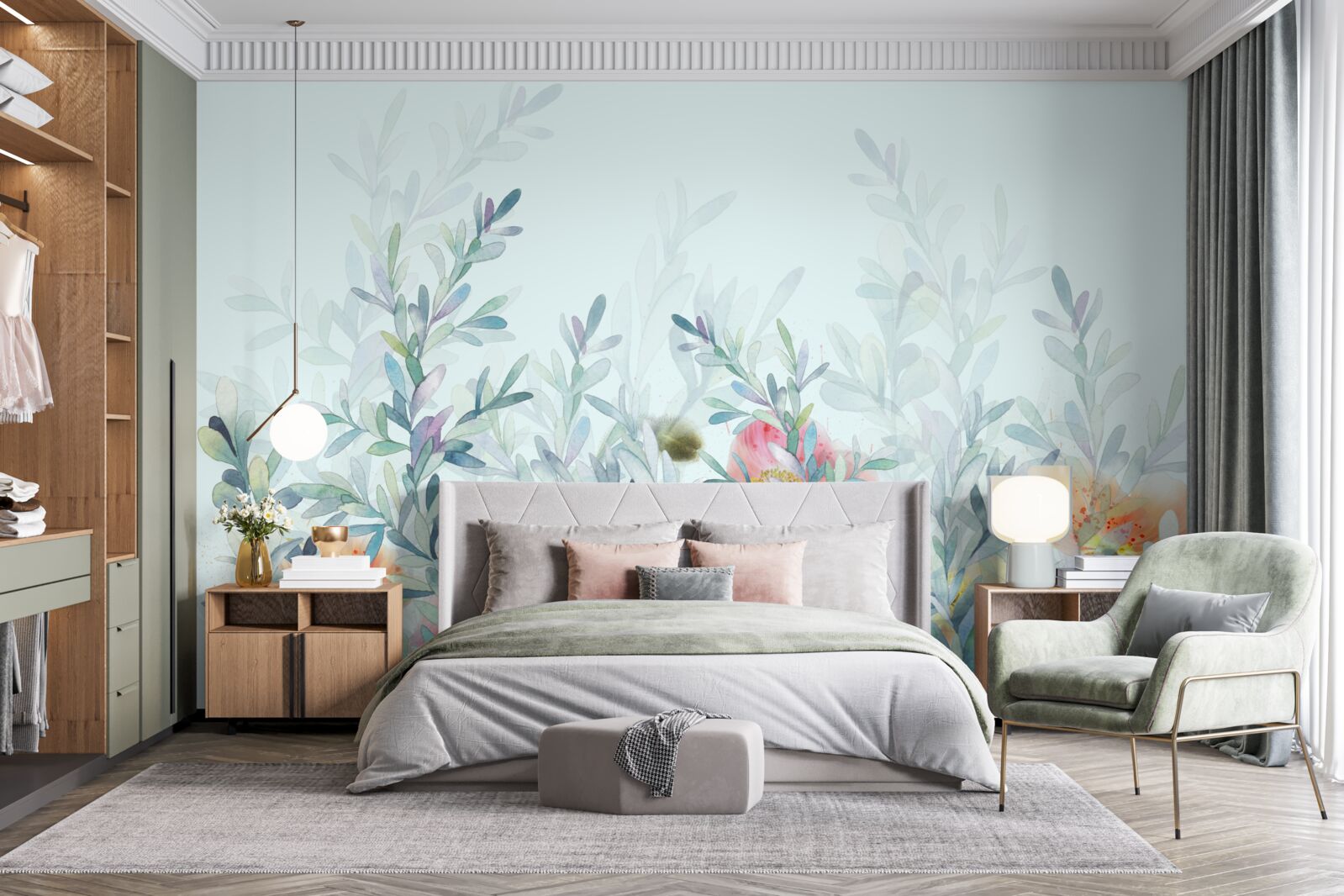 Papier peint des fleurs à la teinte délicate et céleste