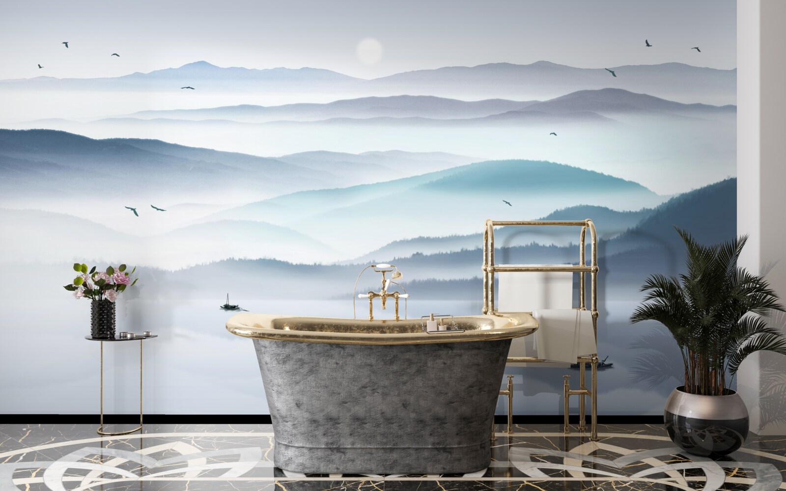 Papier peint le brouillard s'installe, recouvrant la rivière de montagne d'un voile épais