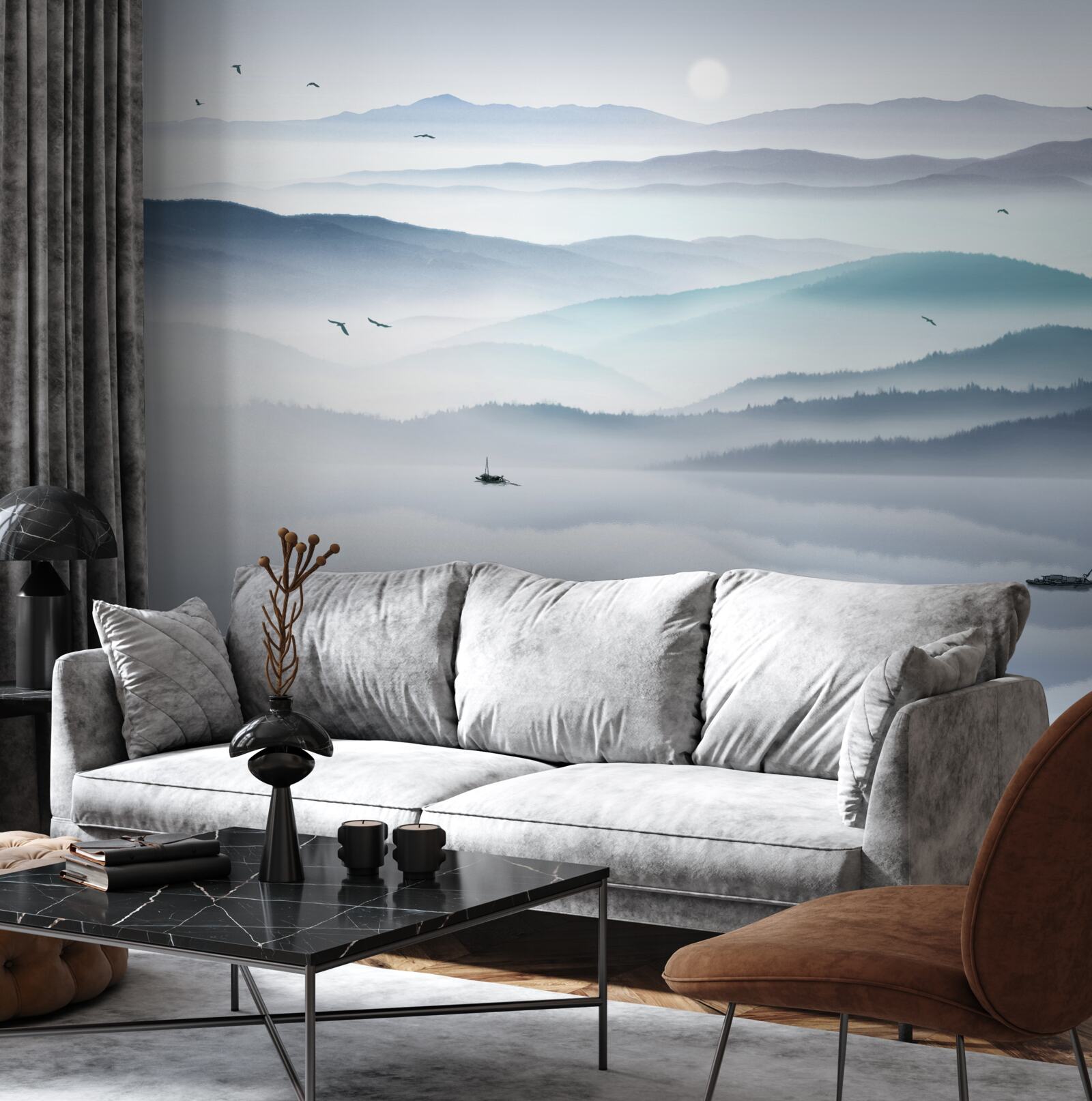 Papier peint le brouillard s'installe, recouvrant la rivière de montagne d'un voile épais