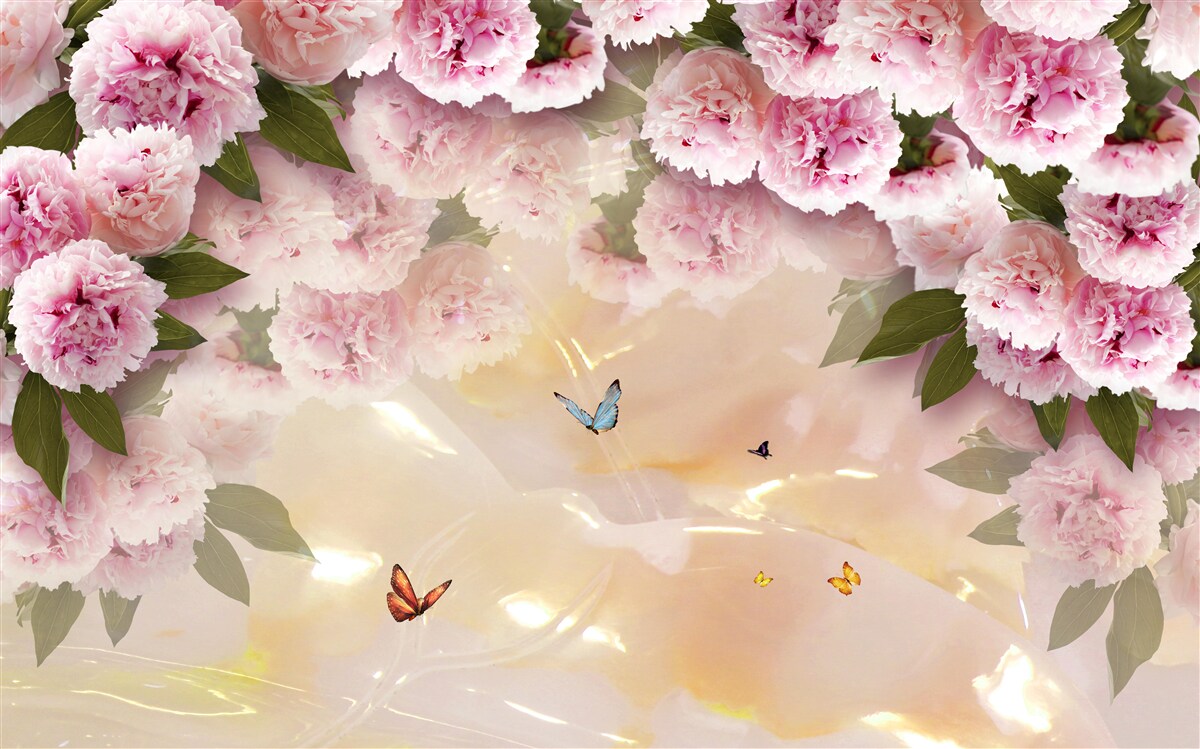 Papier peint papillons délicats et fleurs roses