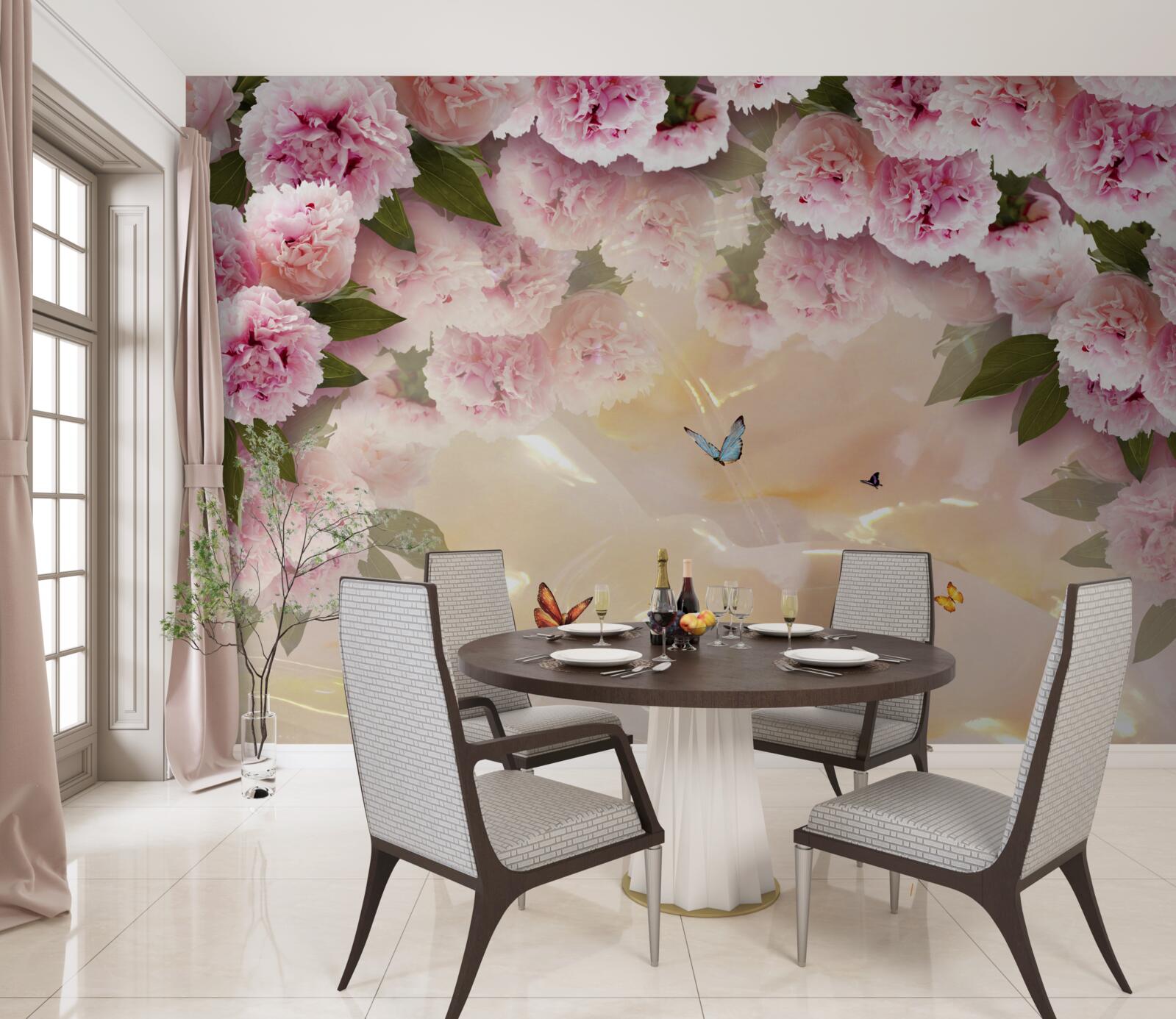 Papier peint papillons délicats et fleurs roses