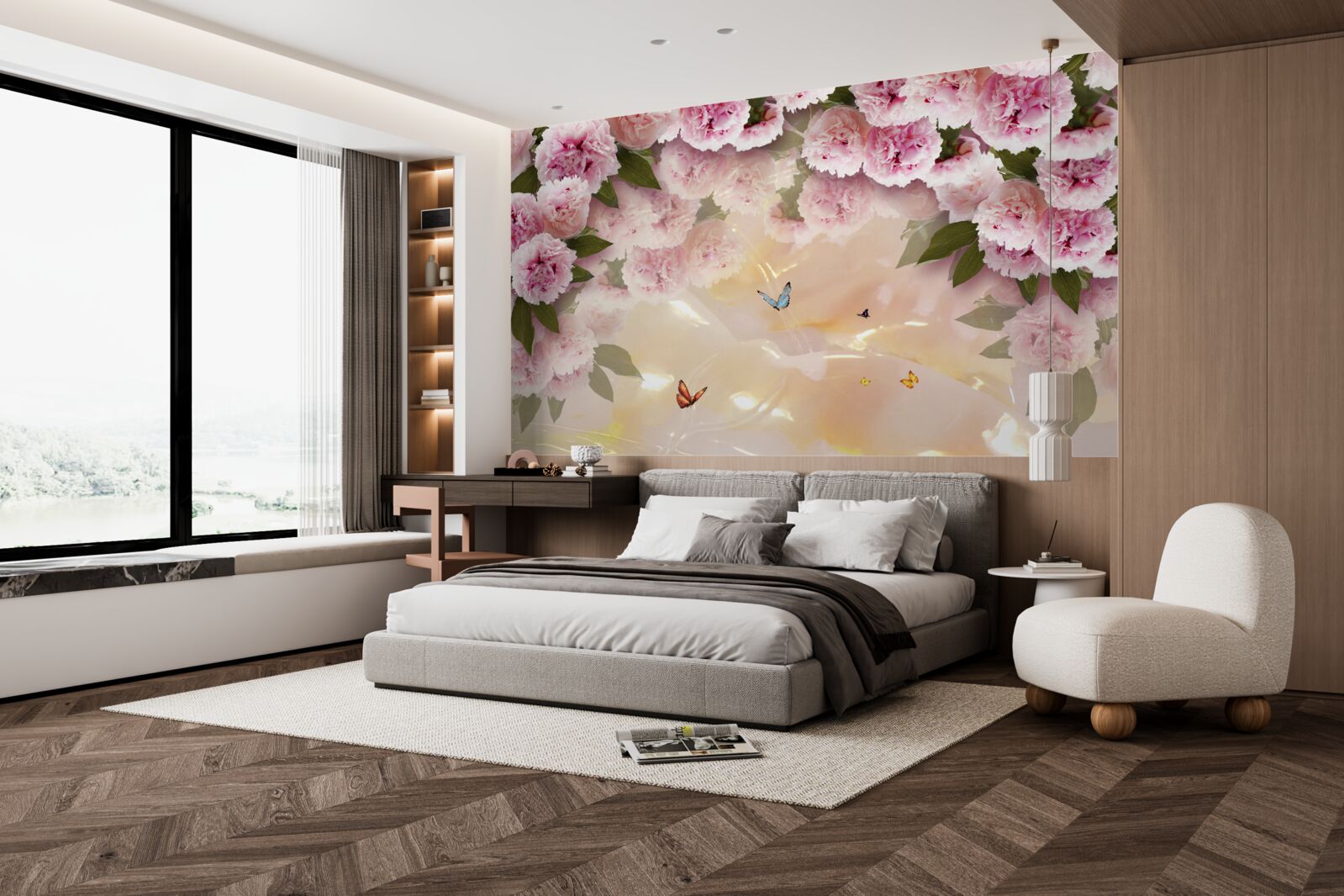 Papier peint papillons délicats et fleurs roses