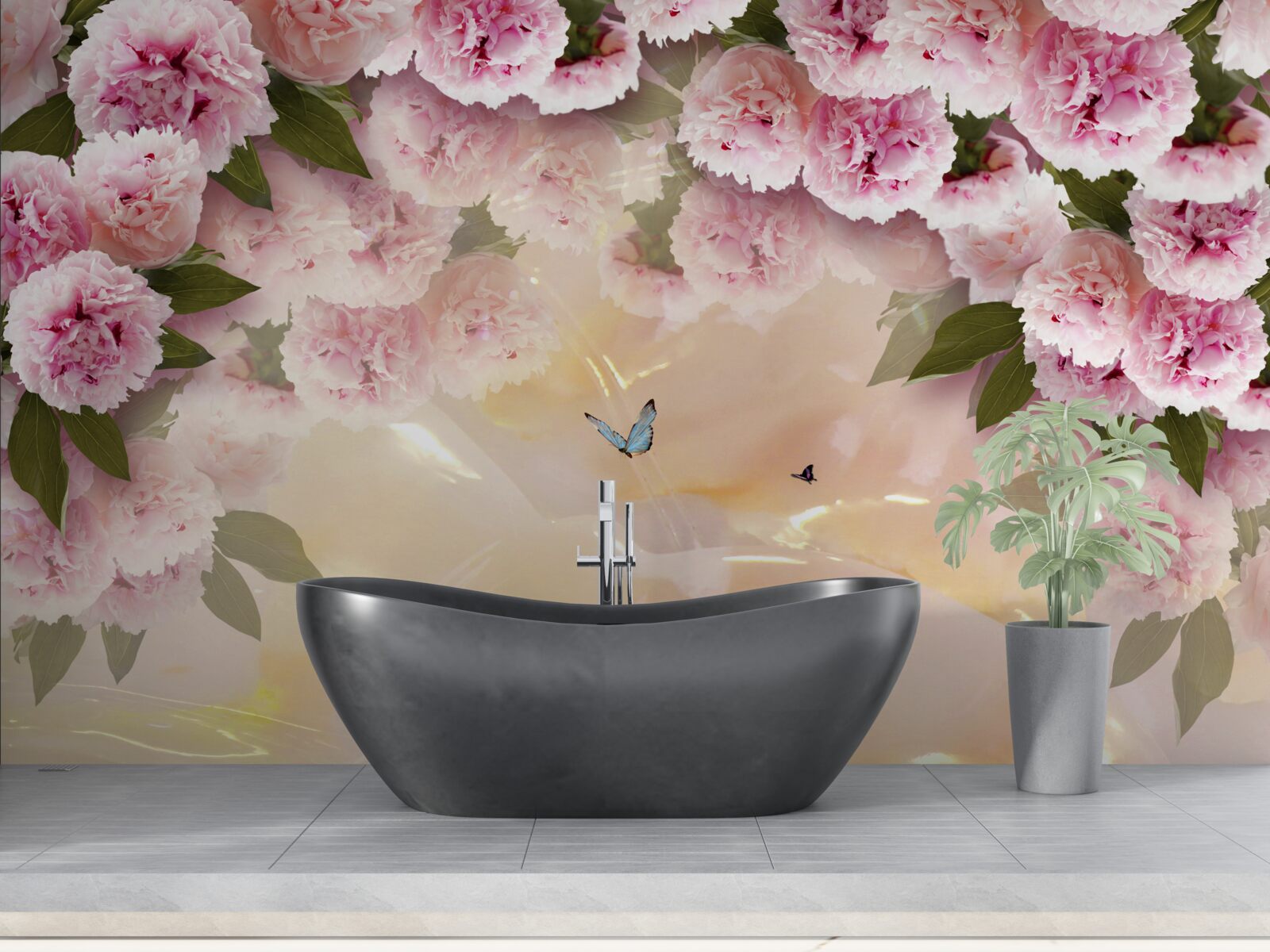 Papier peint papillons délicats et fleurs roses