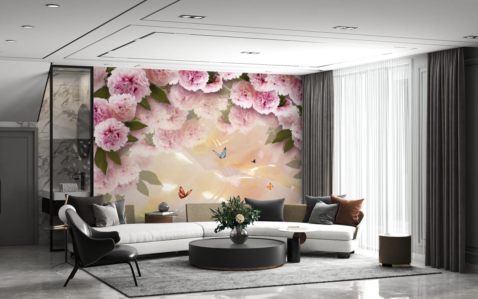 Papier peint papillons délicats et fleurs roses