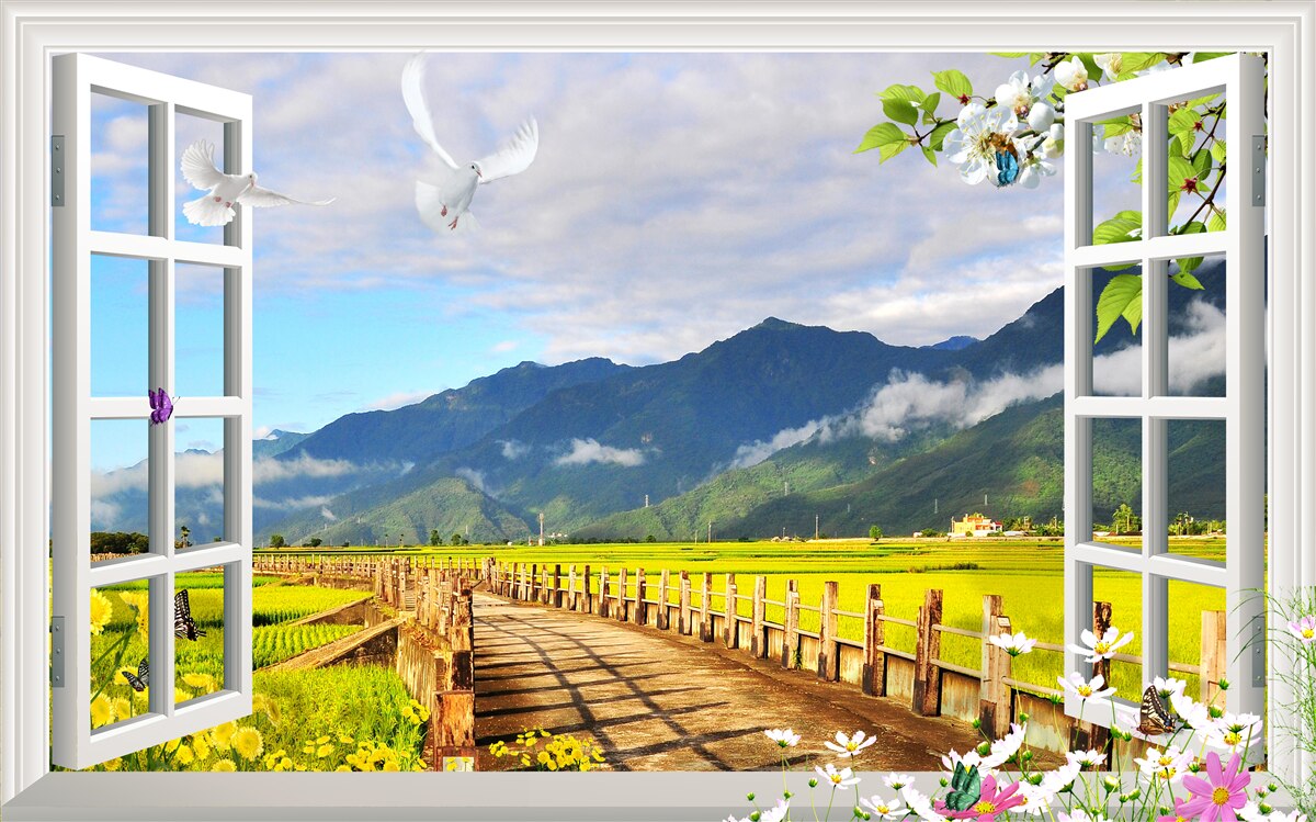 Papier peint vue de la fenêtre sur le panorama de la montagne