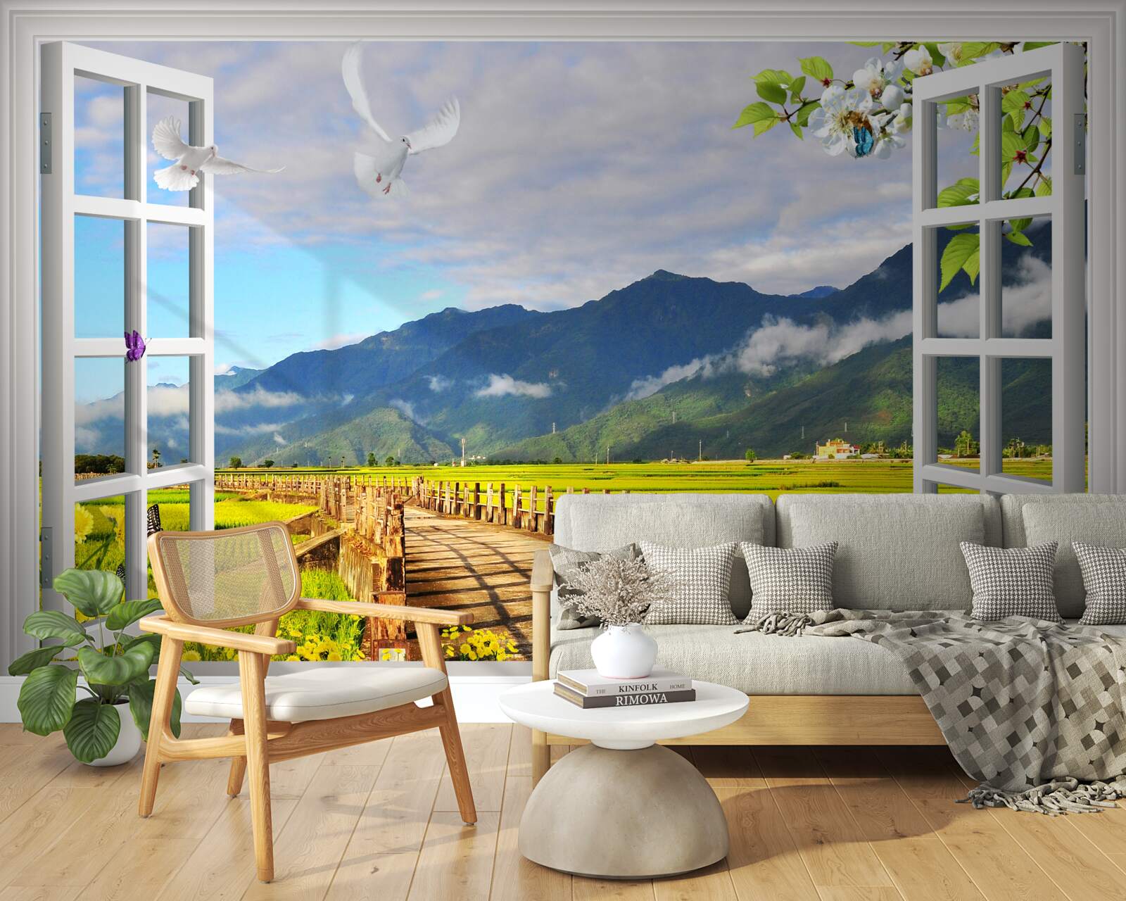 Papier peint vue de la fenêtre sur le panorama de la montagne